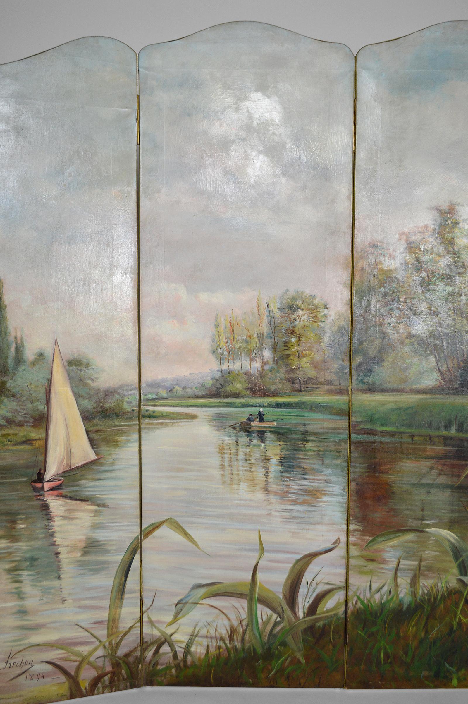 Post-Impressionist Painted Folding Screen by Charles Frechon, France, 1894 In Good Condition For Sale In VÉZELAY, FR