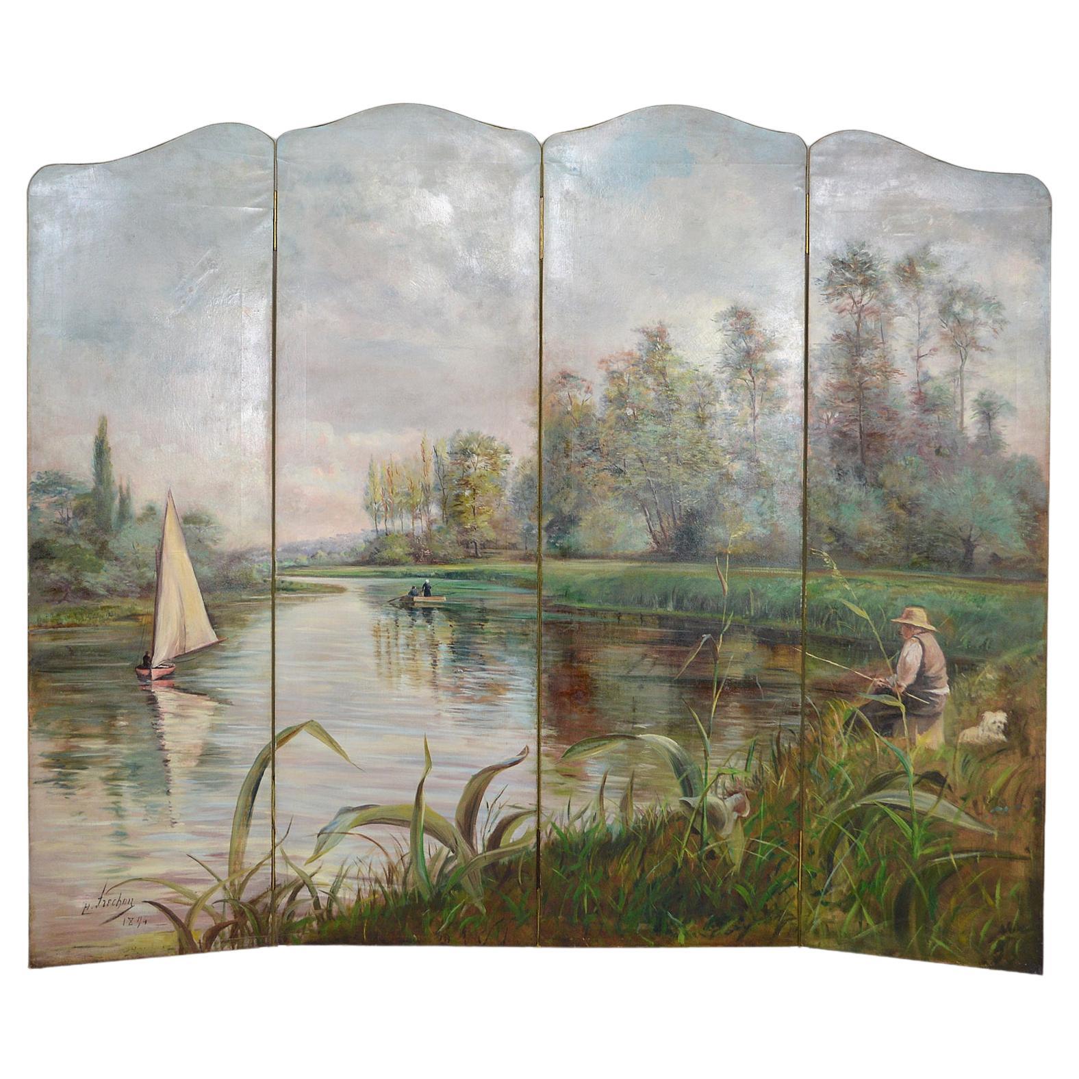 Post-Impressionist Painted Folding Screen by Charles Frechon, France, 1894 For Sale