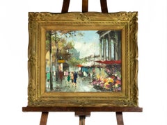 Post Impressionist Painting of Paris Flower Market, Signed, Circa 1950