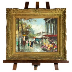 Post Impressionist Painting of Paris Flower Market, Signed, Circa 1950