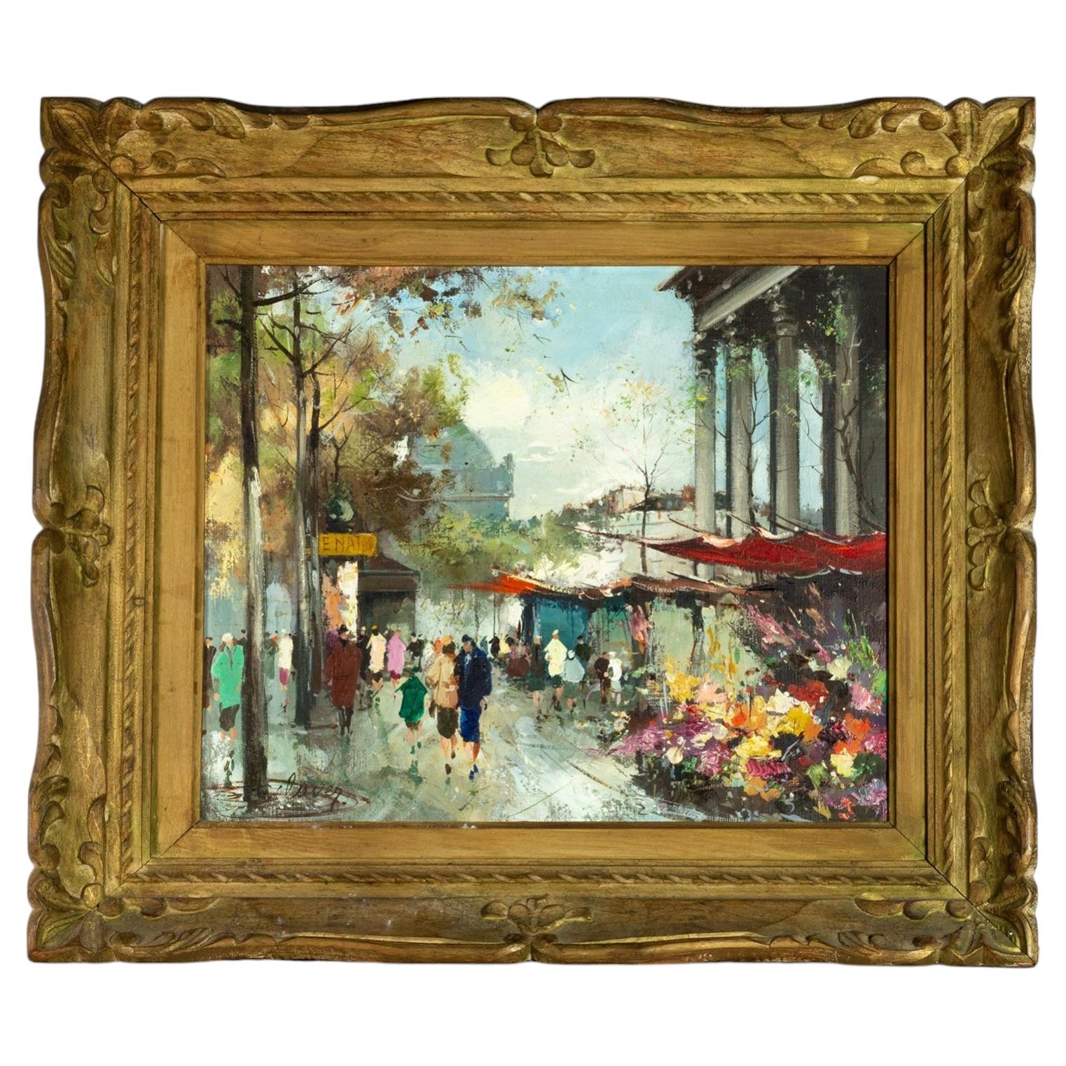 Postimpressionistisches Gemälde eines Pariser Blumenmarkts, signiert, um 1950