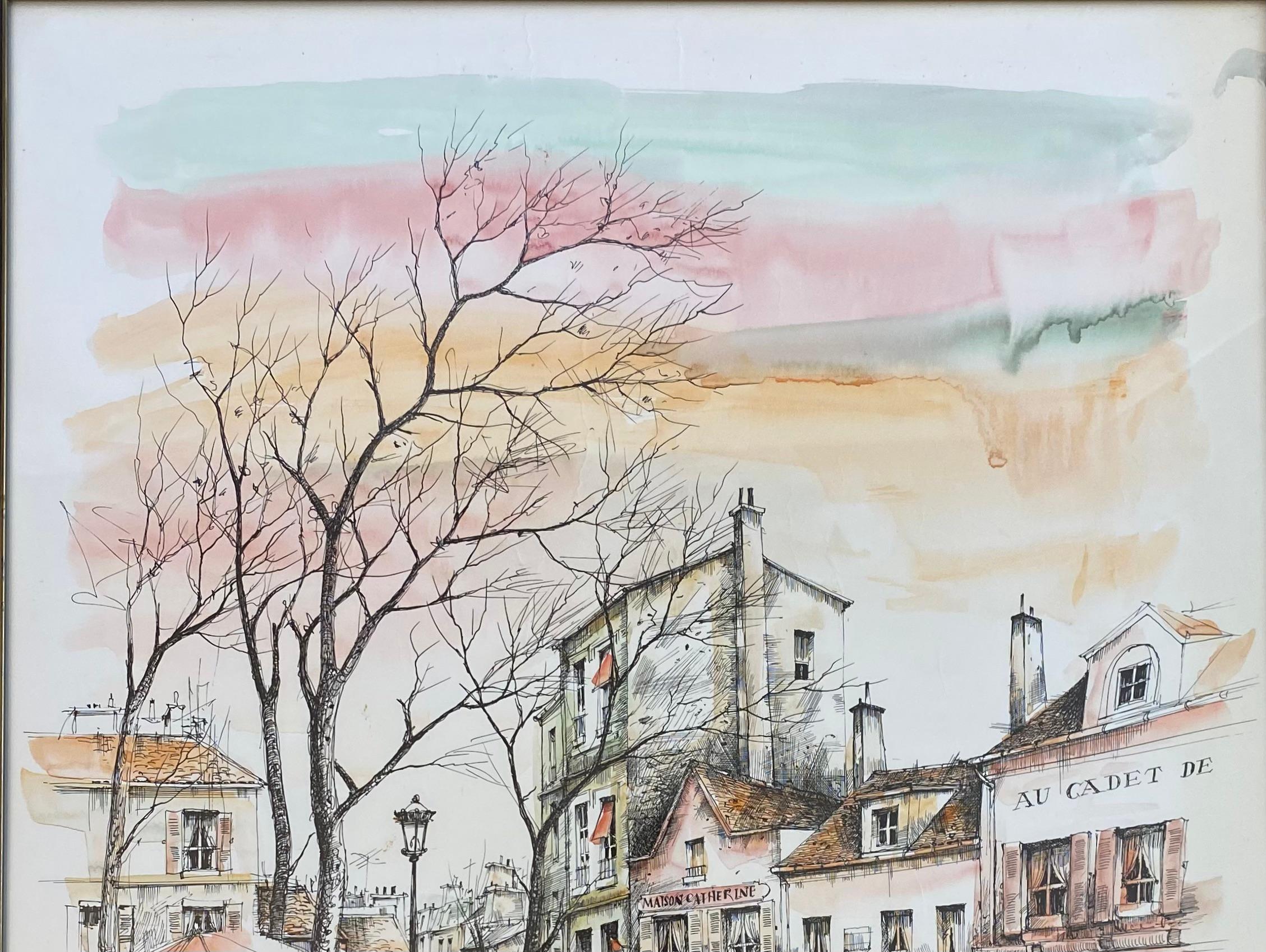 Paris, Montmartre Aquarellmalerei. 

Schönes, originelles Aquarell. Signiert unten rechts vom Künstler und datiert 1978. 

Die Szene ist Montmartre, Paris im Frühling oder Herbst mit einem belebten Café und Figuren, die durch die engen,