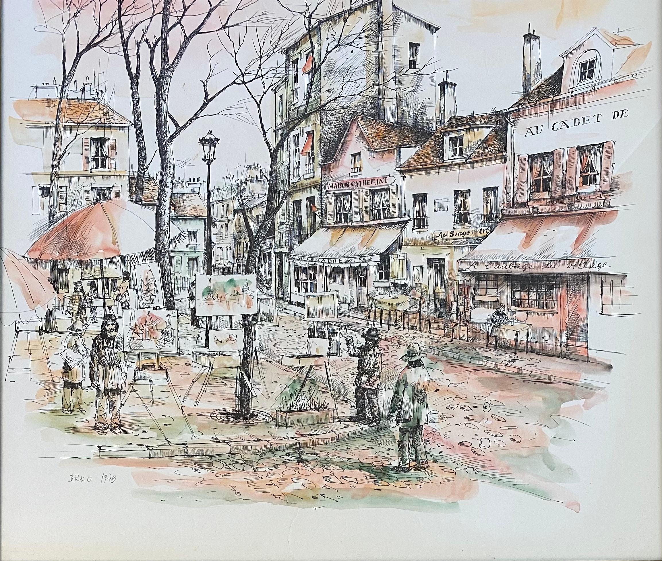 Postimpressionistisches Aquarellgemälde des Postimpressionismus, Paris, Montmartre im Frühjahr im Zustand „Gut“ im Angebot in Miami, FL