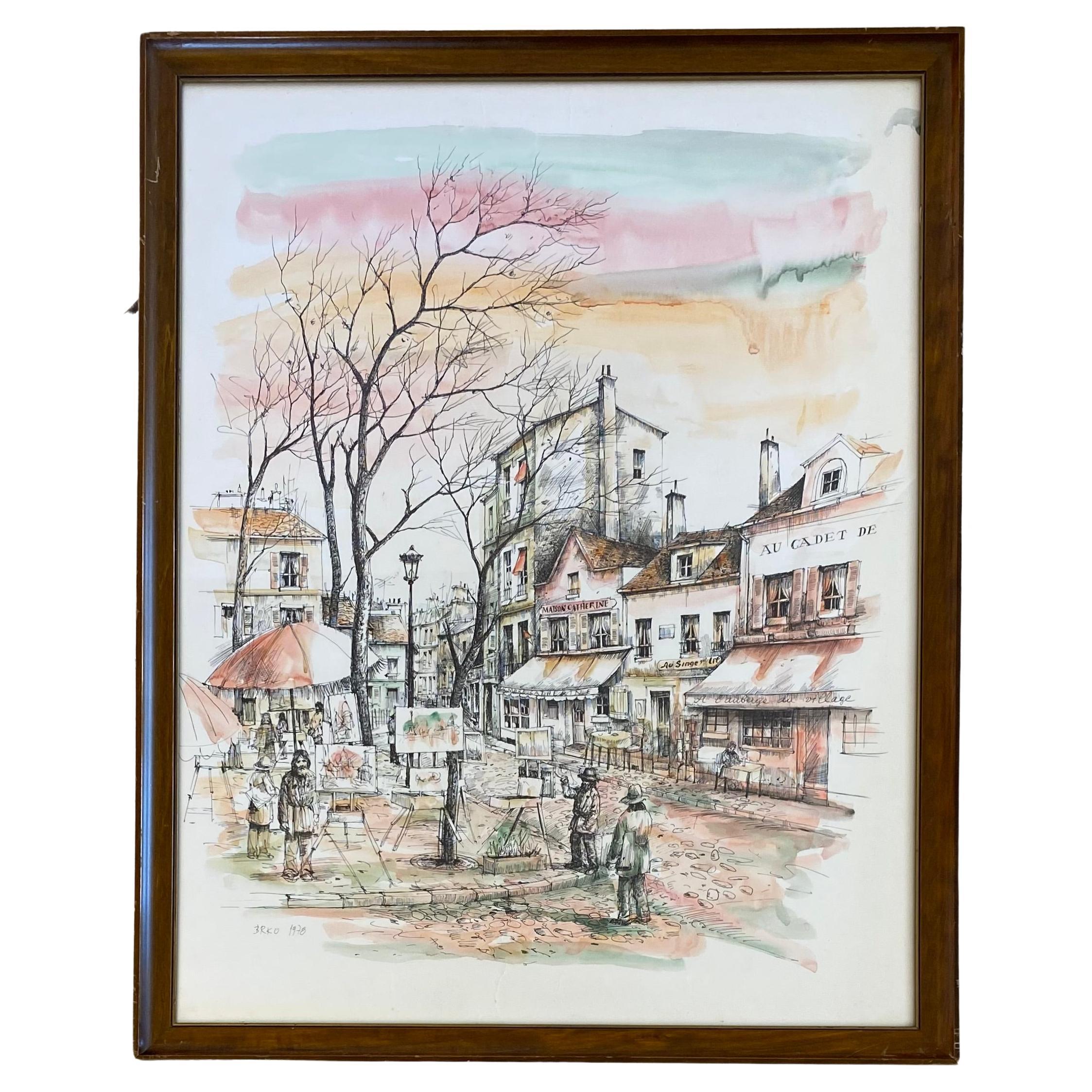 Postimpressionistisches Aquarellgemälde des Postimpressionismus, Paris, Montmartre im Frühjahr