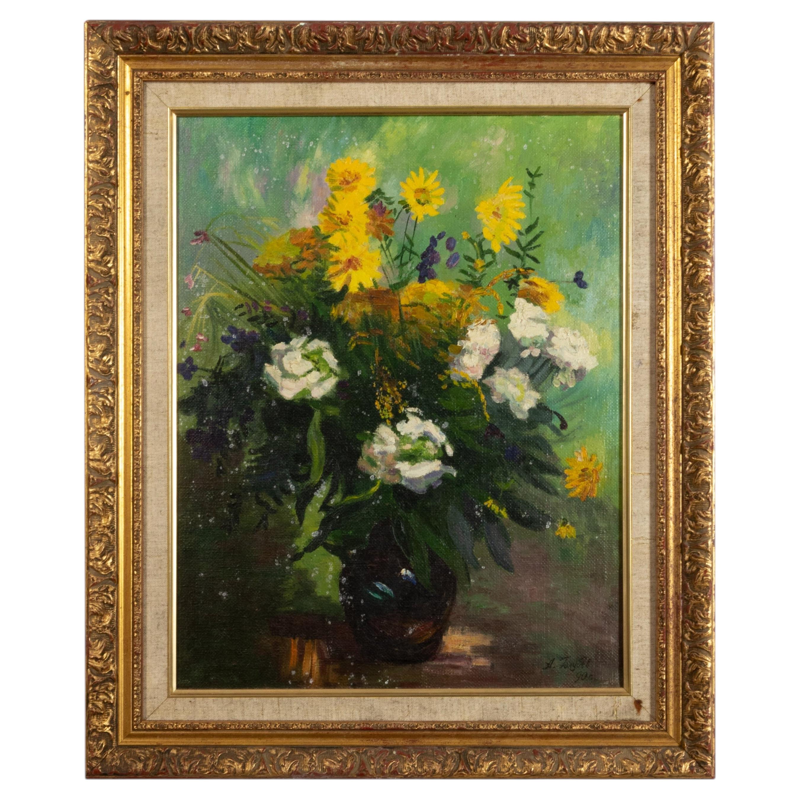 Peinture post-impressionniste, Nature morte fleurs d'automne, 19e siècle, encadrée en vente