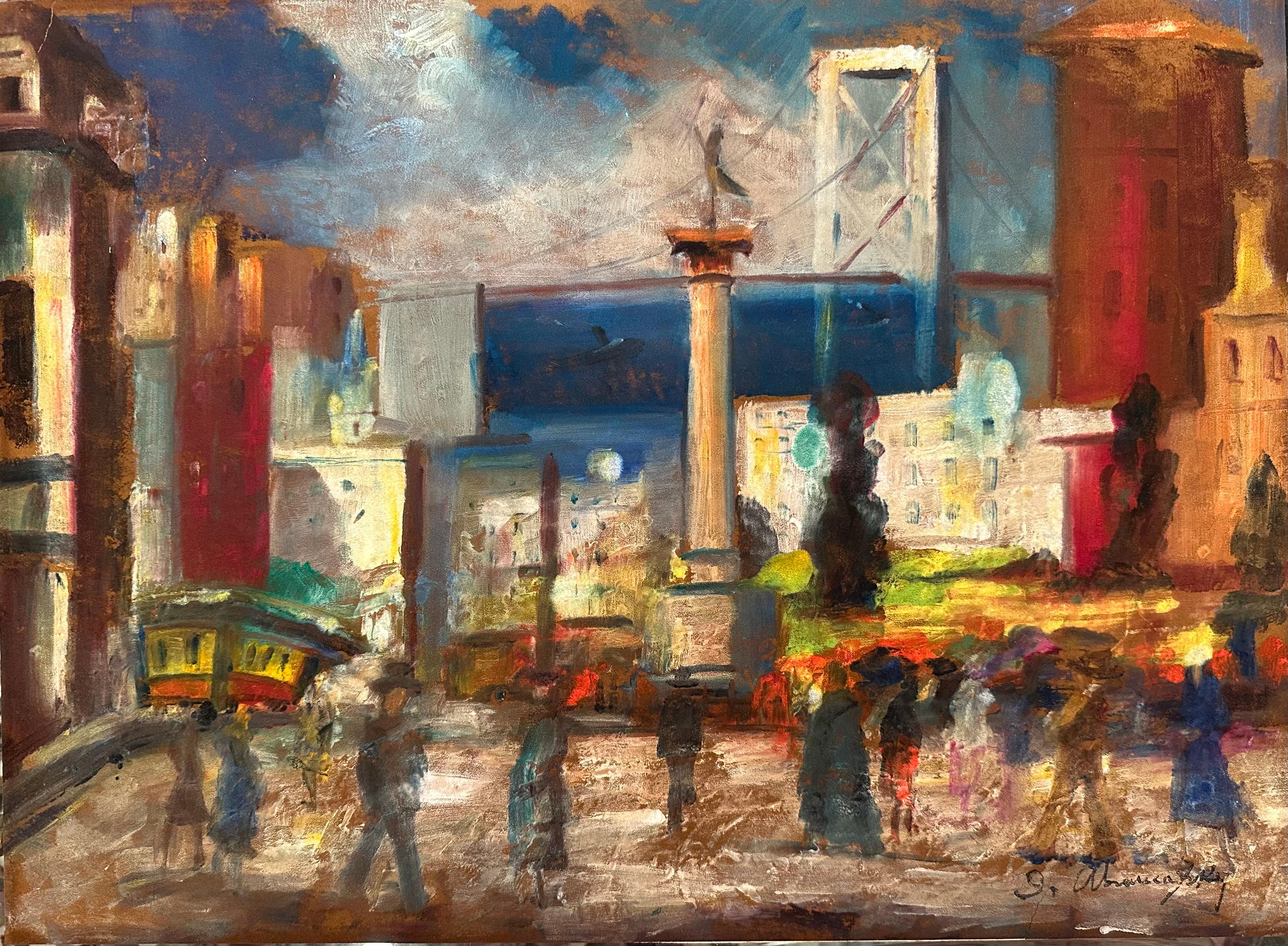 Pastel post-impressionniste paysage urbain de San Francisco, signé en vente 5
