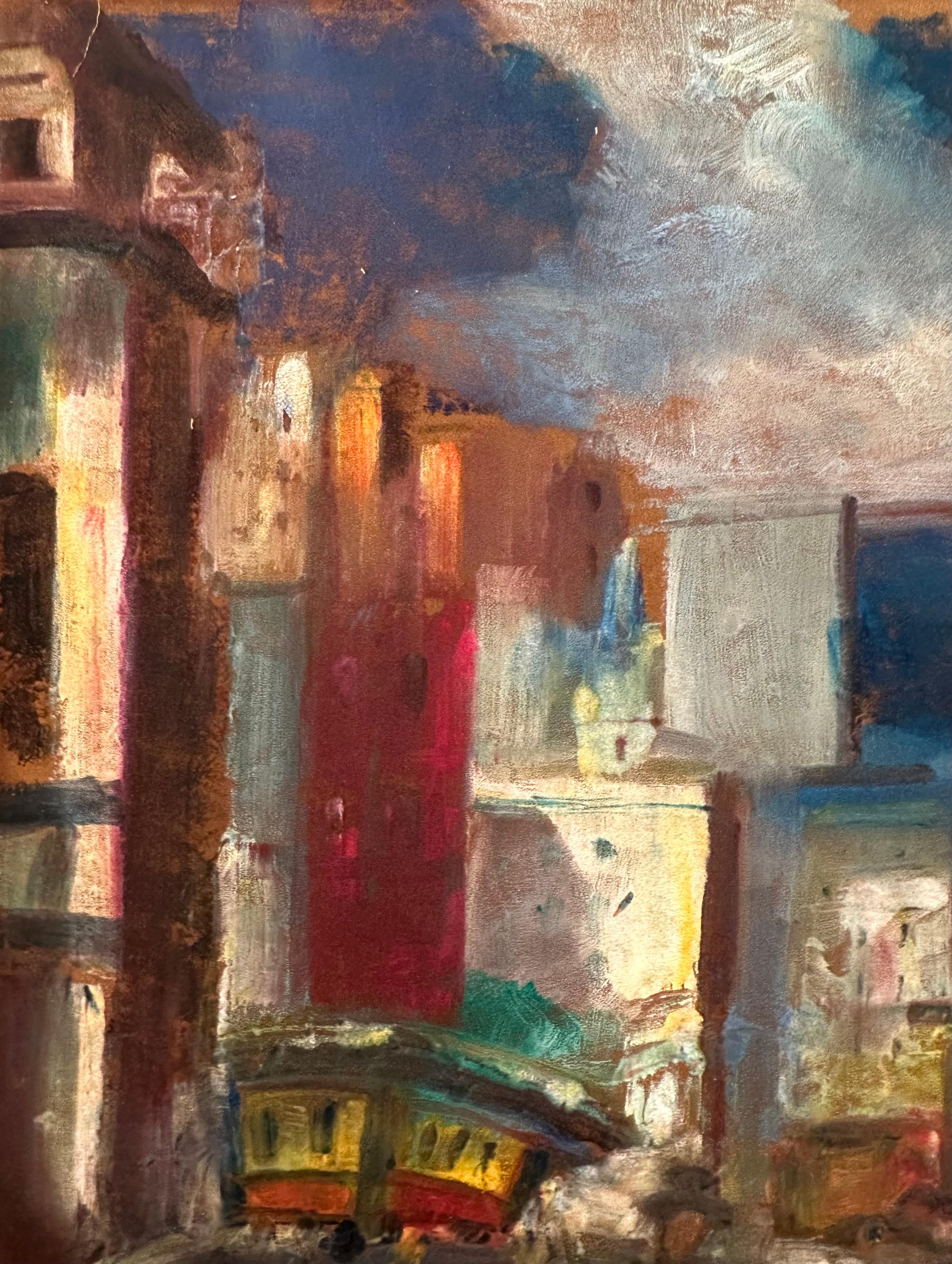 20ième siècle Pastel post-impressionniste paysage urbain de San Francisco, signé en vente