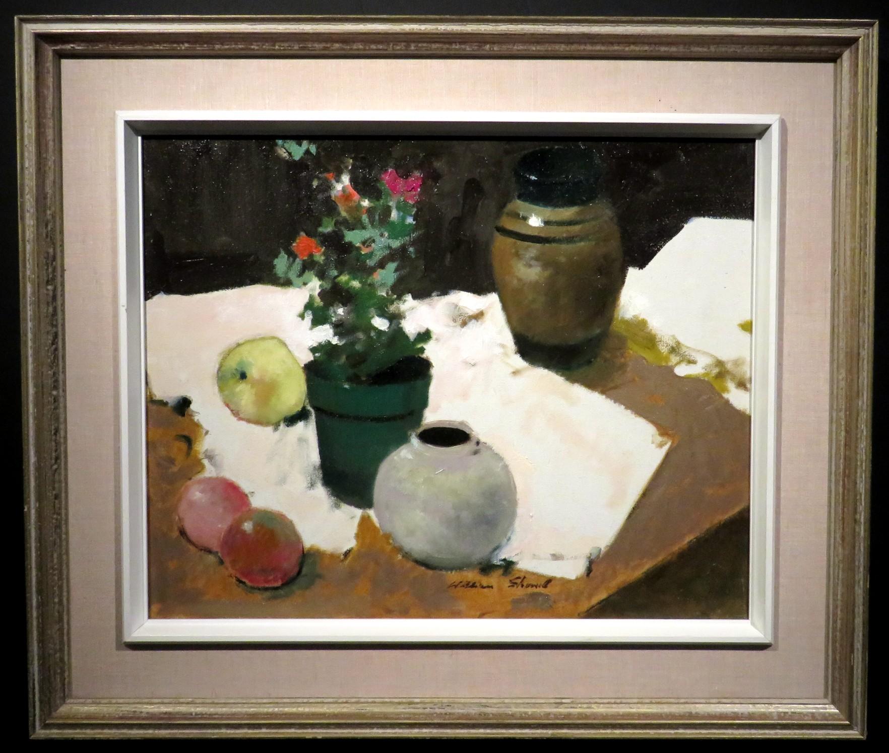 A very attractive Post Impressionist still life depicting potted flowers & fruit. 
Oil on canvas, signed bottom centre and again on the reverse, together with title & dated 1982. Framed within what appears to be its original gallery frame and linen