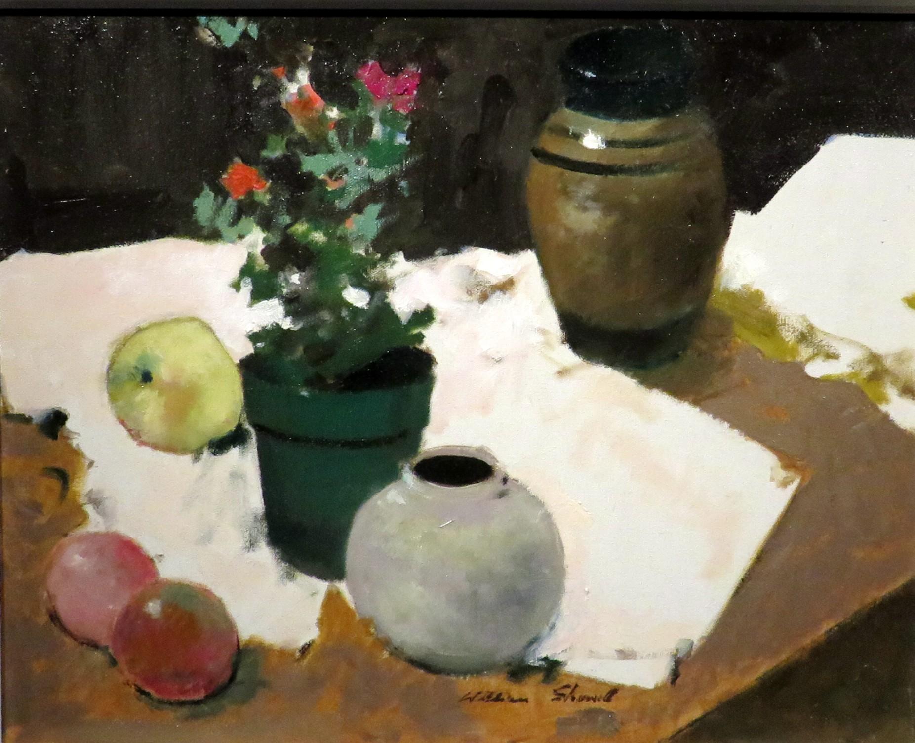 Postimpressionistisches Stillleben mit getöpferten Blumen und Früchten von William Showell  (Sonstiges) im Angebot
