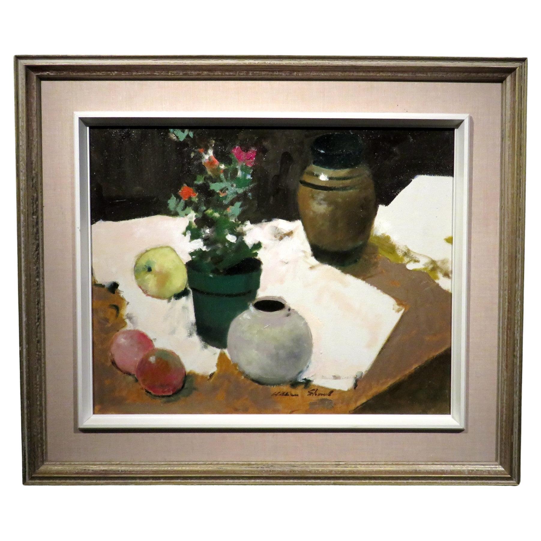 Postimpressionistisches Stillleben mit getöpferten Blumen und Früchten von William Showell  im Angebot