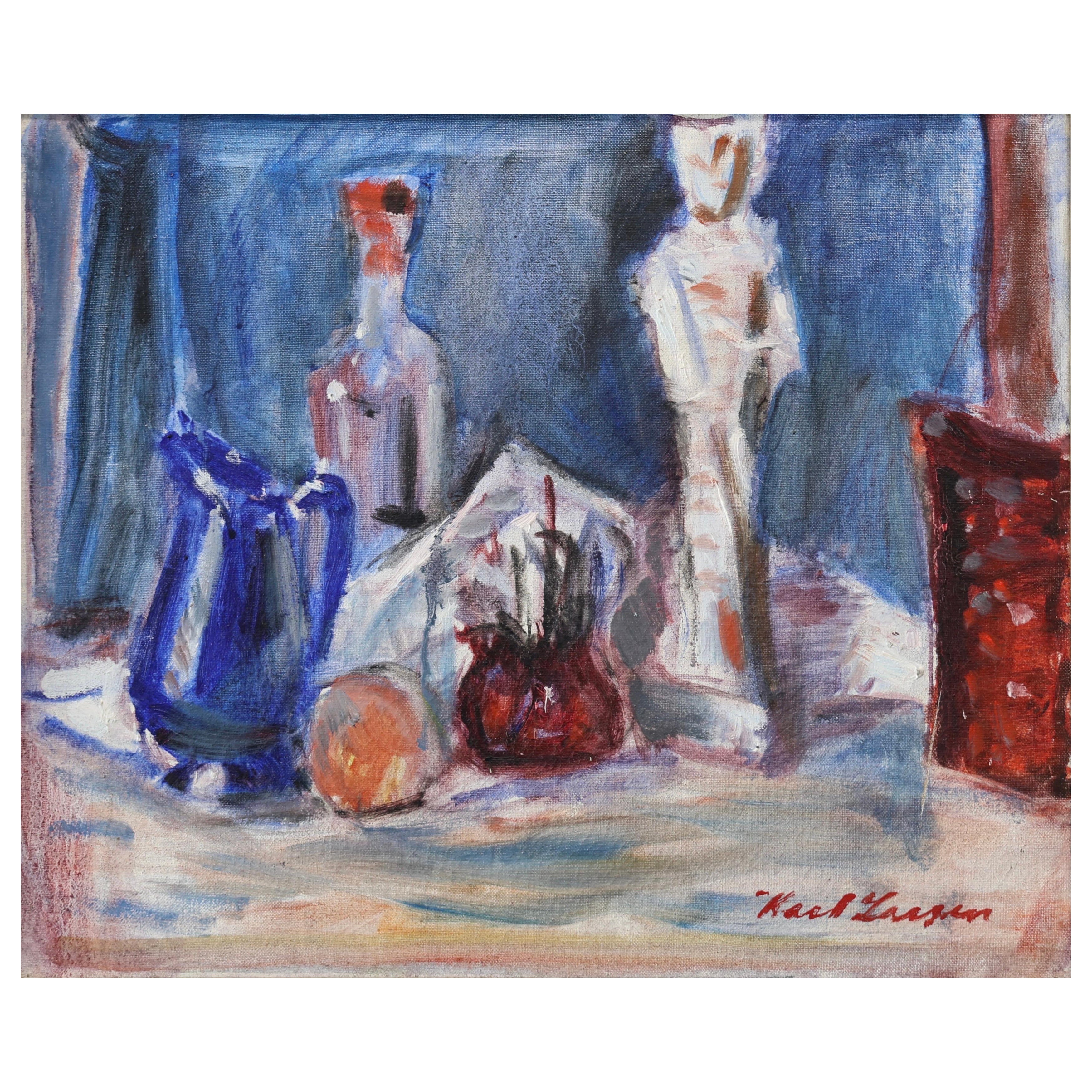 Postimpressionistisches Stilleben mit "Blauer Karaffe" von Karl Larsen, 1930er Jahre, Dänemark im Angebot