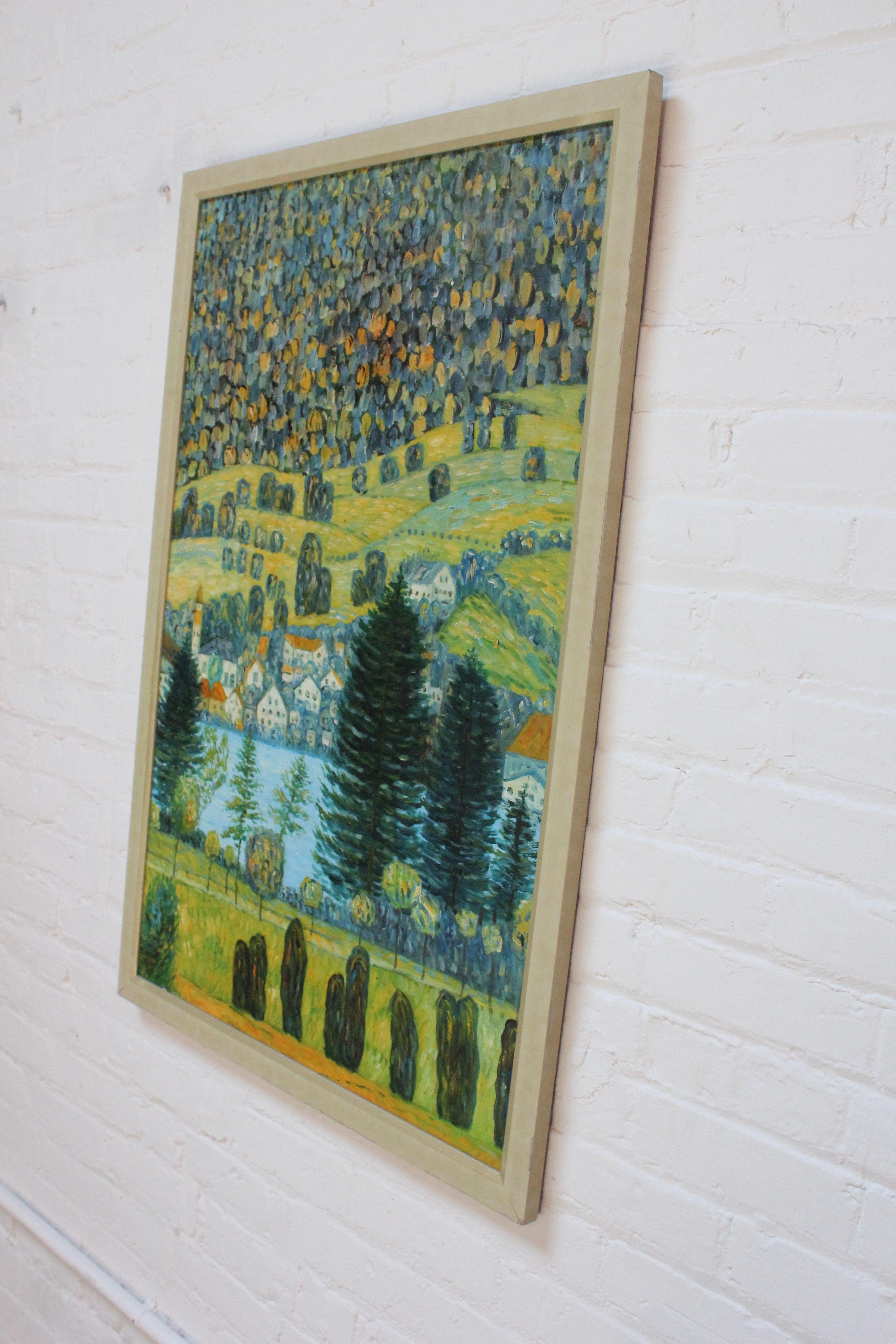 European Post Impressionist Village Landscape Acrylic on Canvas For Sale