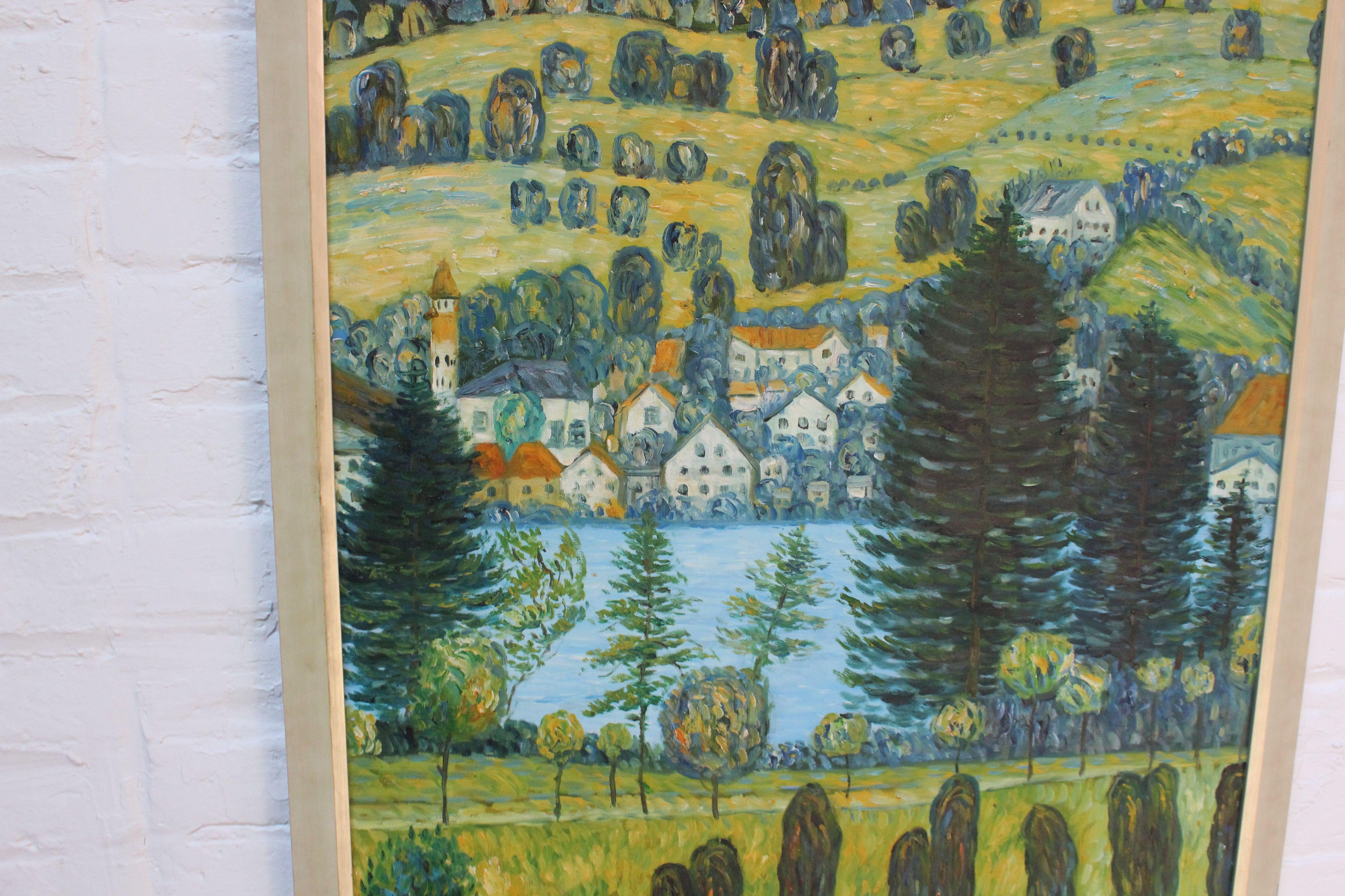 Post Impressionist Village Landscape Acrylic on Canvas For Sale 1