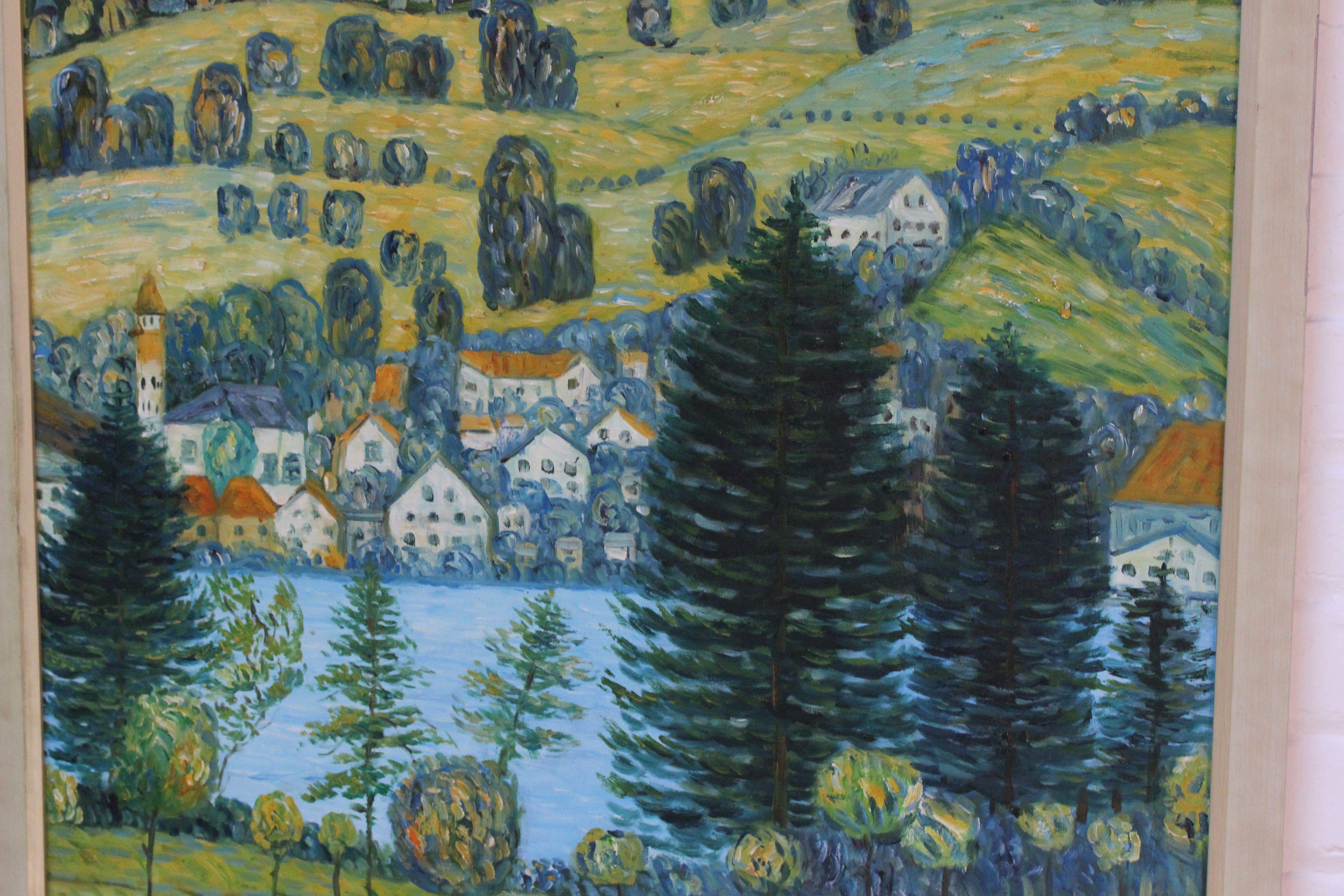 Post Impressionist Village Landscape Acrylic on Canvas For Sale 2