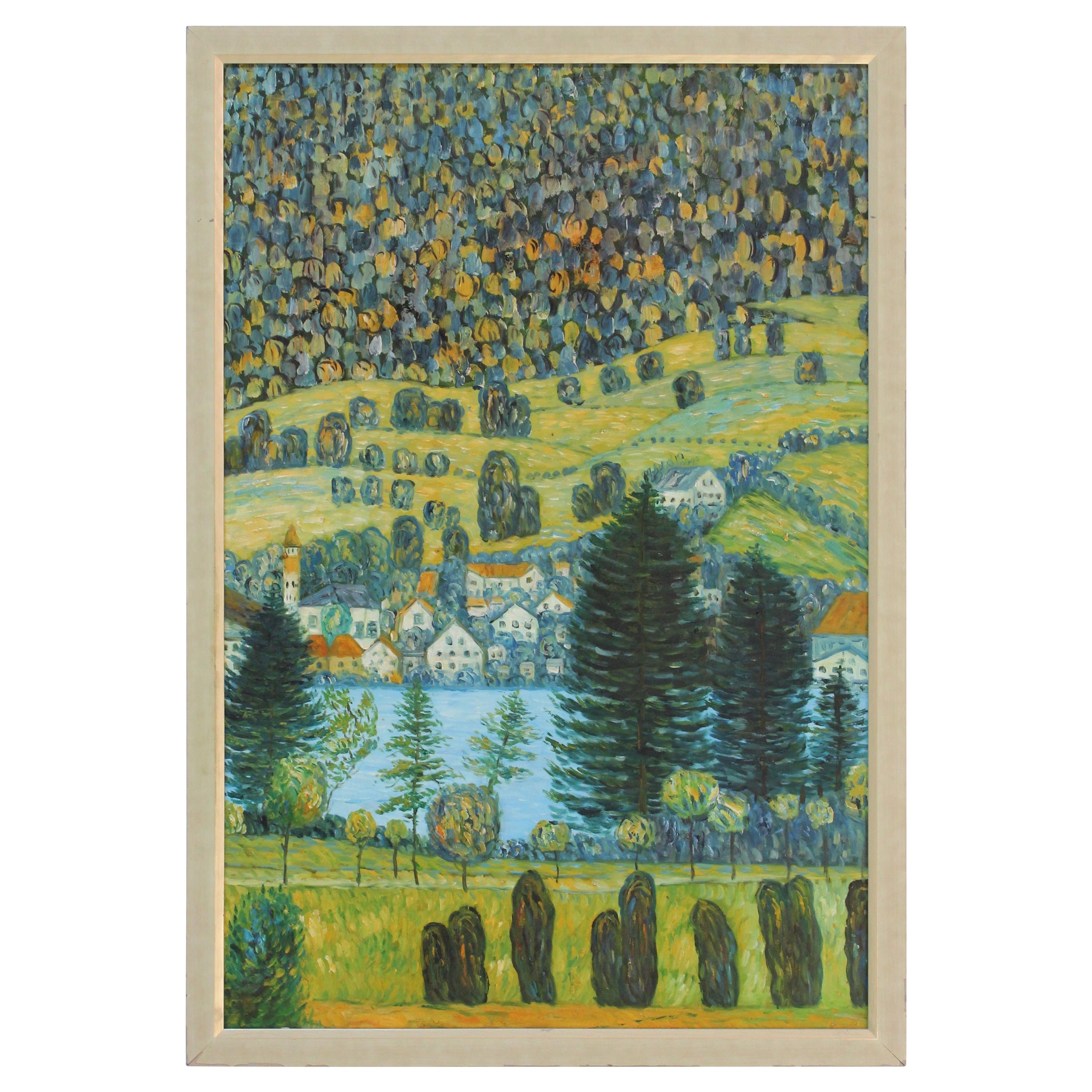 Acrylique sur toile - Paysage de village post-impressionniste