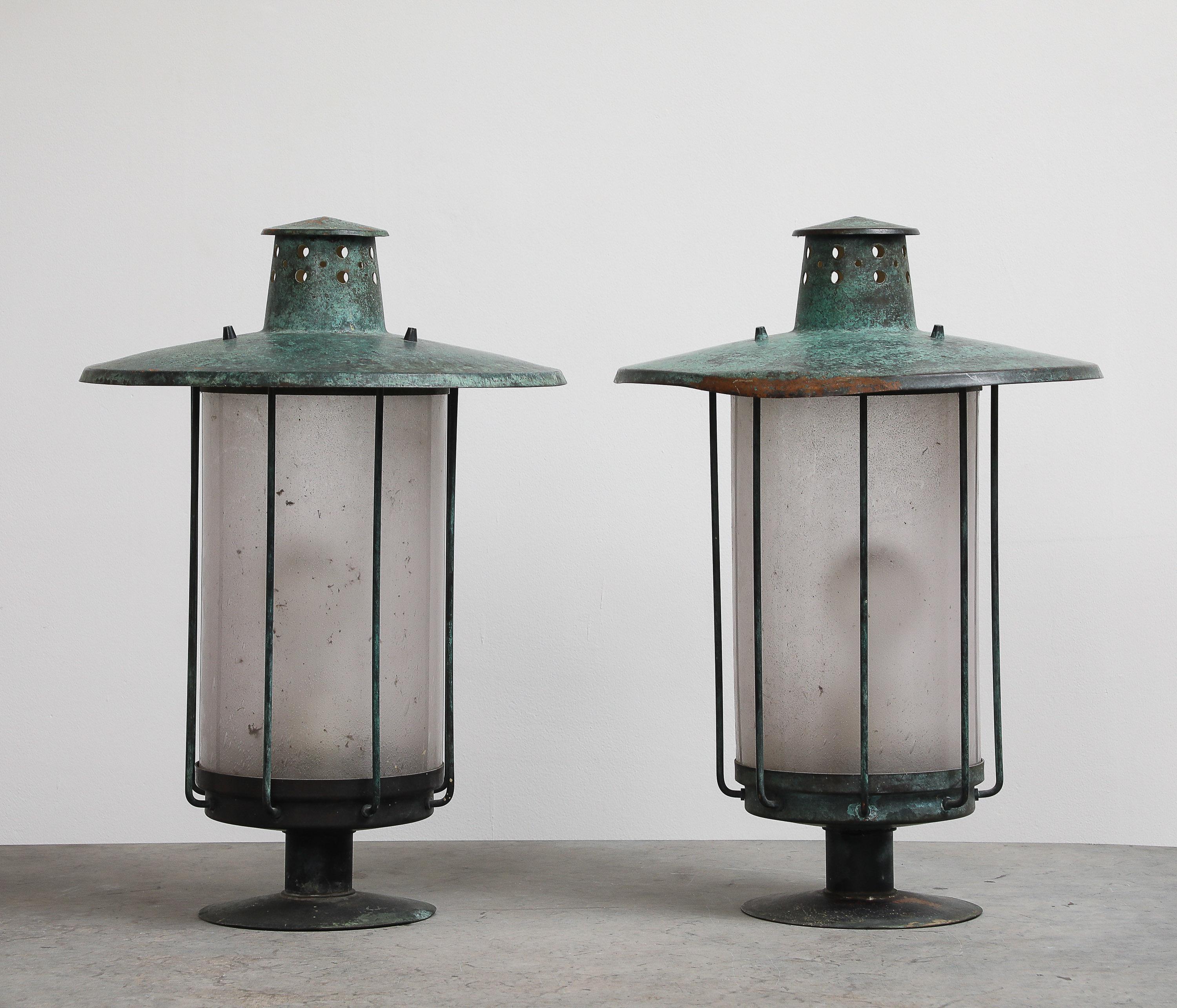 Metal Post Lanterns, a Pair, Origin, Sweden, Circa 1920-1930 For Sale