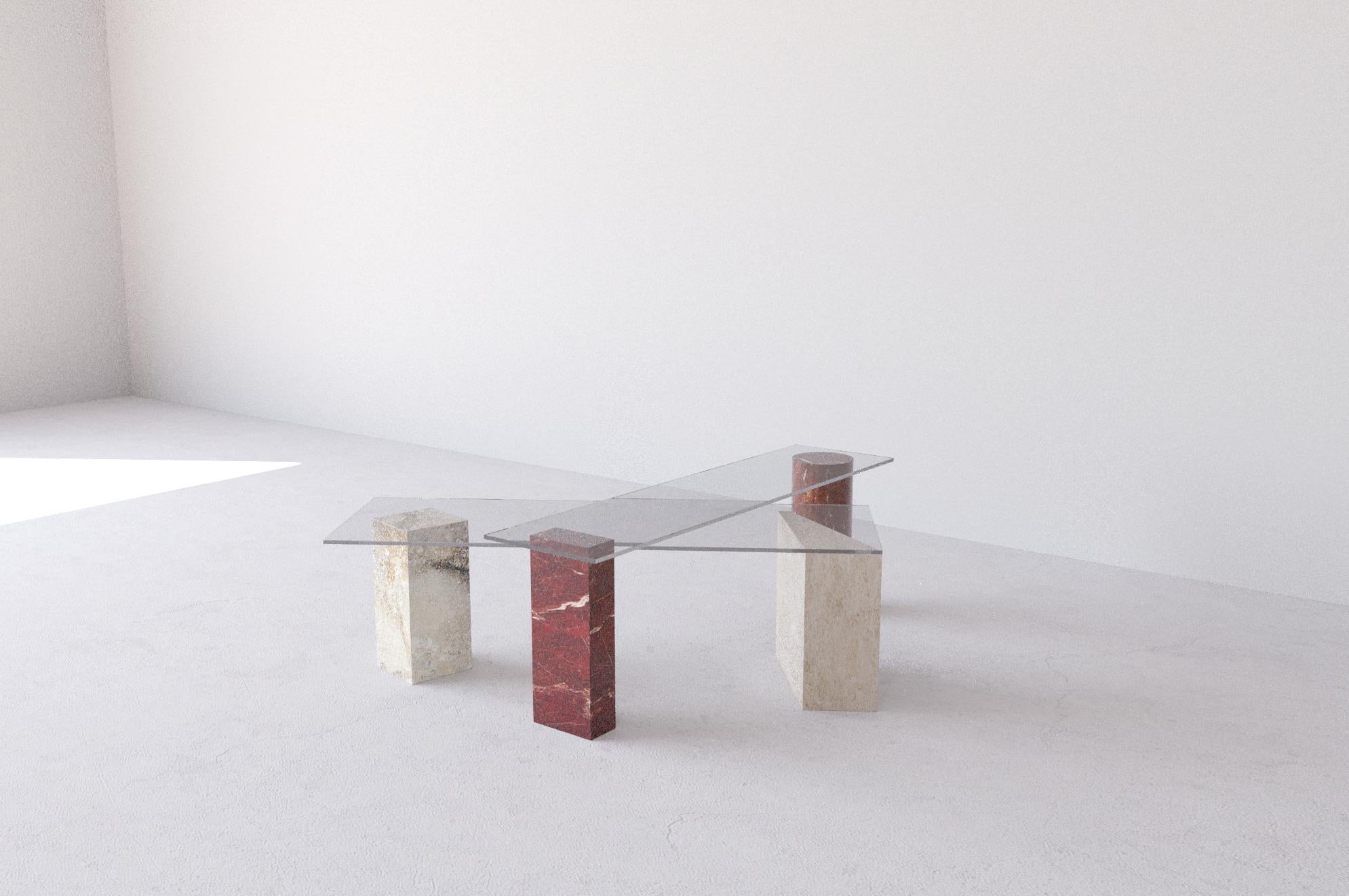 Post M table by Morgane Avéus
Dimensions: Part 1: W 120 x D 25 x H 45 cm.
Part 2: W 120 x D 37 x H 35 cm.
Materials: Clear glass, stone. 

Various stones available.

Post M Table low table is a combination of two console-like elements that are