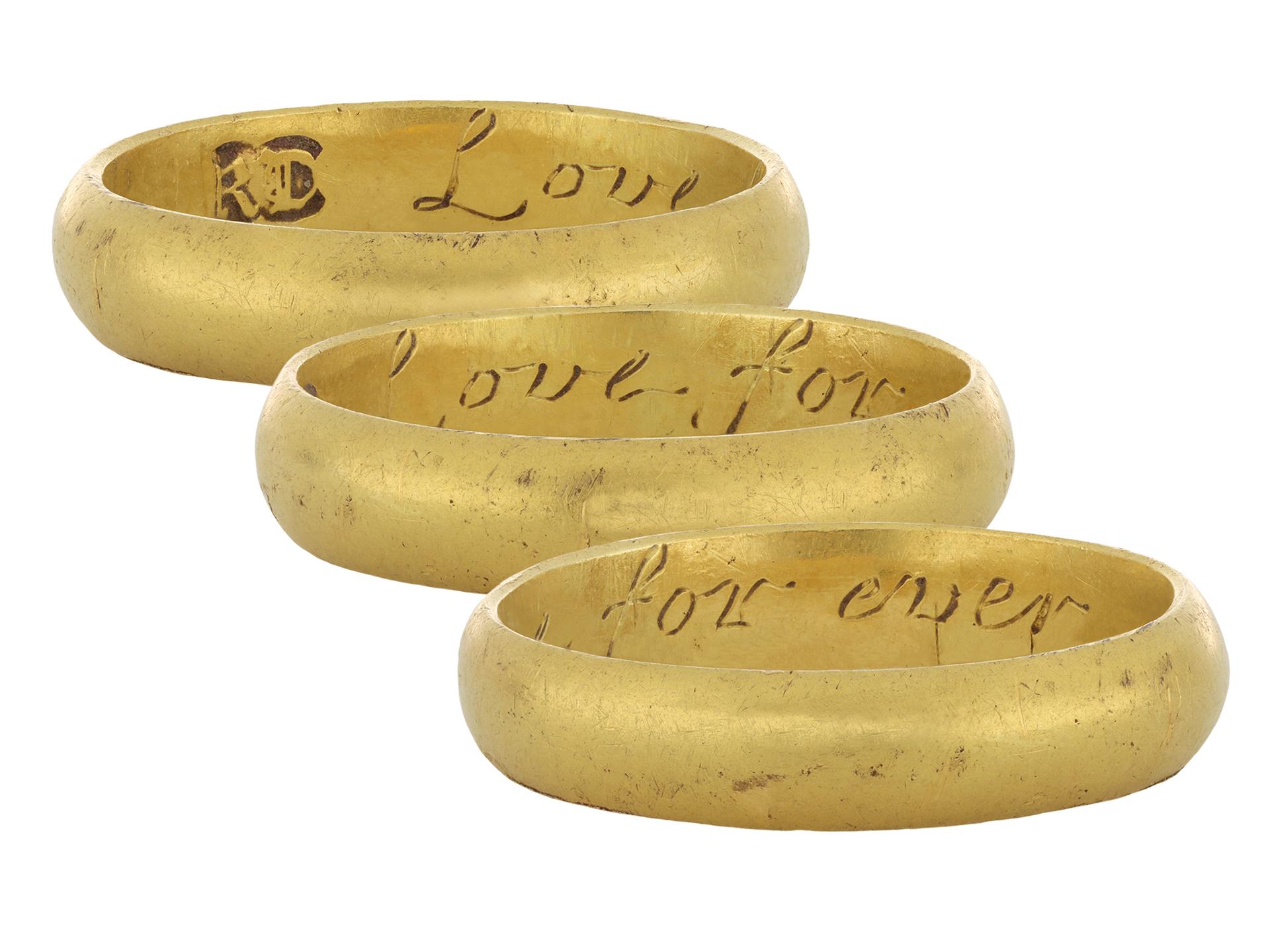 Post Medieval gold posy ring 'love for ever'. A smoothly conforming yellow gold D-shape band, engraved to the interior in italic script 'love for ever', approximately 5mm in width and 1.7mm thick. Tested yellow gold, approximately 6.16 grams in