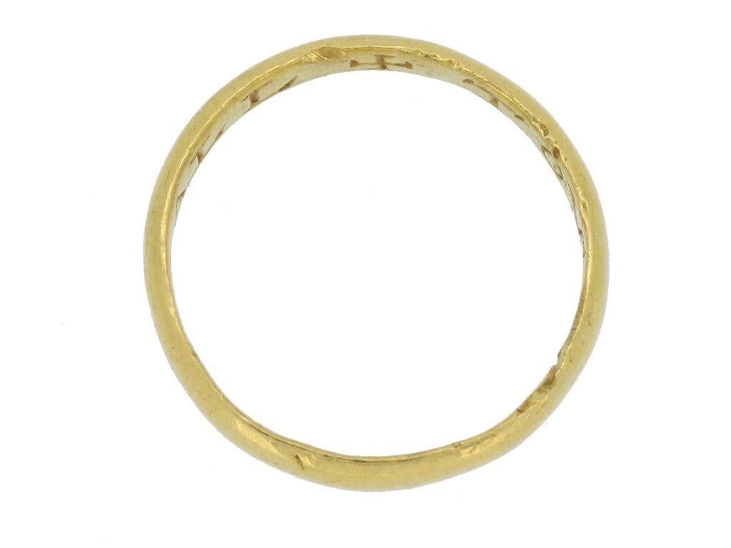 Post Medieval gold posy ring '+ TOVT IOVRS LOIALL' ('ever faithful'). A smooth D-shape band engraved to the interior in seriffed capitals '+ TOVT IOVRS LOIALL', translated from early French as 'ever faithful', approximately 3.4mm in width,