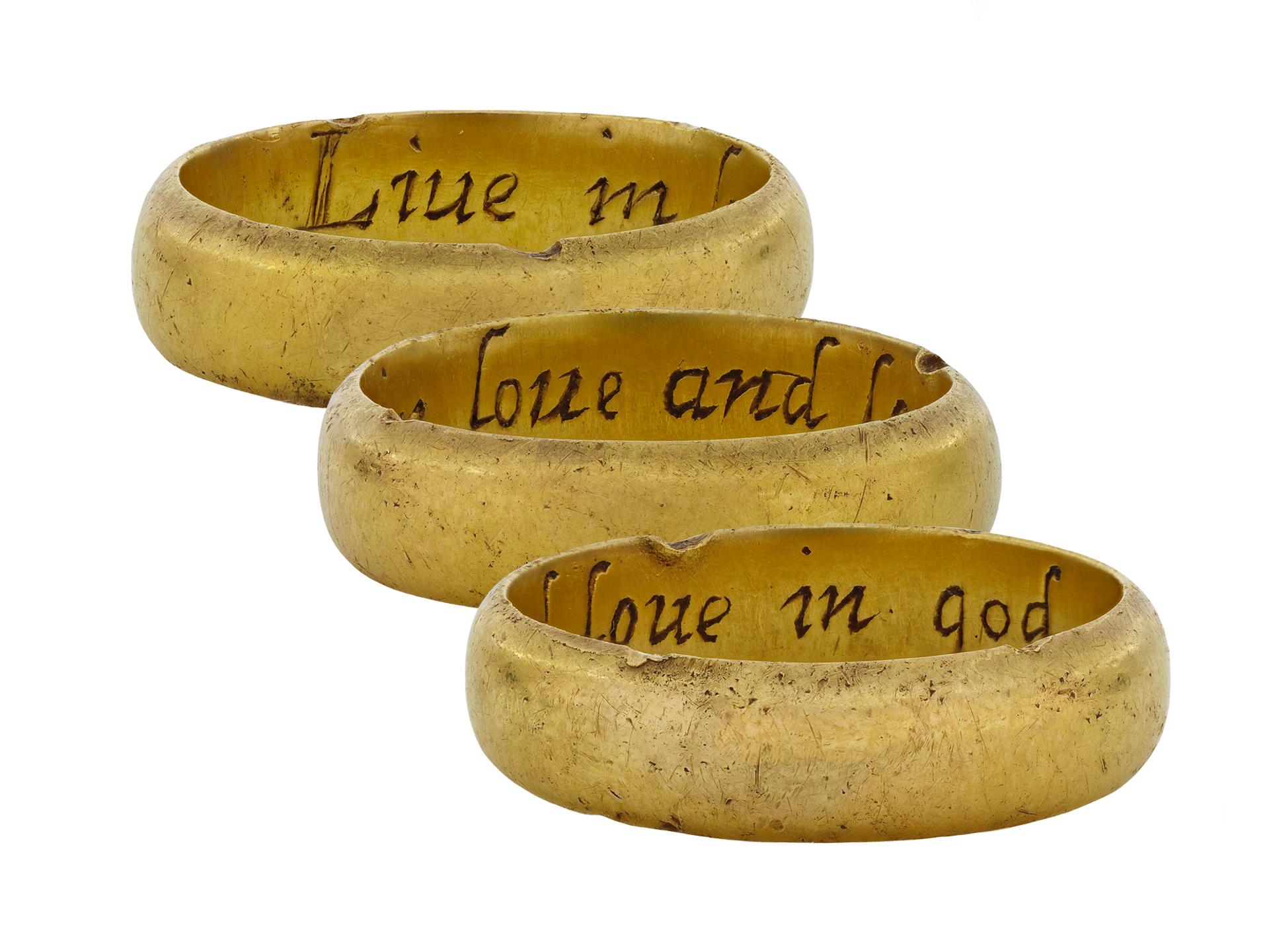 Post Medieval posy ring 'Live in love and love in god *'. A smoothly conforming posy ring, engraved to the interior 'Live in love and love in god *' approximately 5.9mm in width. Tested yellow gold, circa 17th century.

Accompanied by documentation