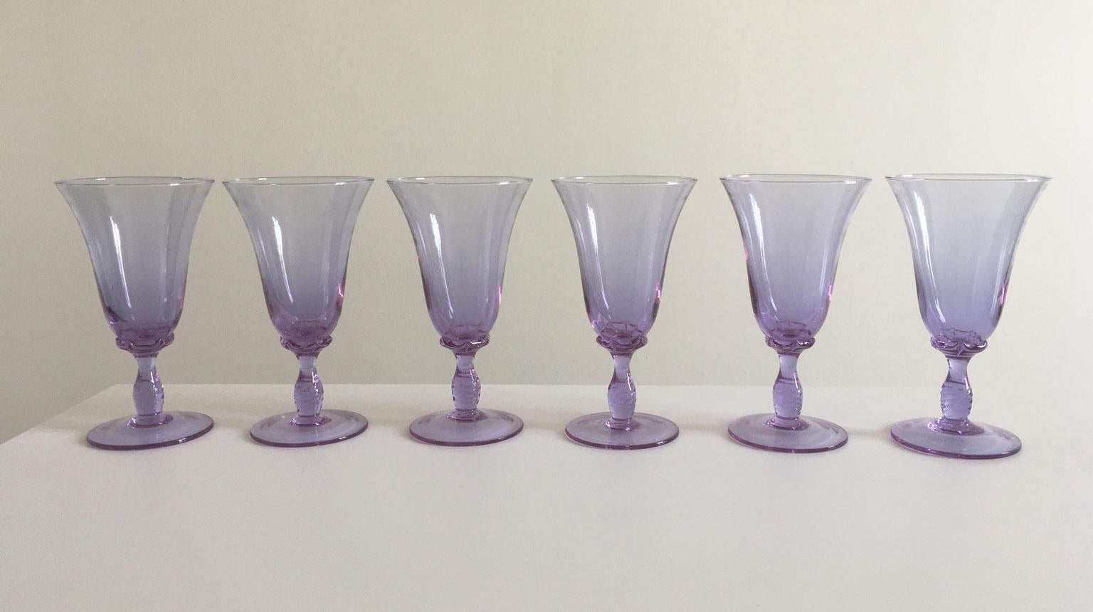 Post Modern 1960 Venice Italy Set 6 Murano Purple Glasses Blown Glass For Sale 10