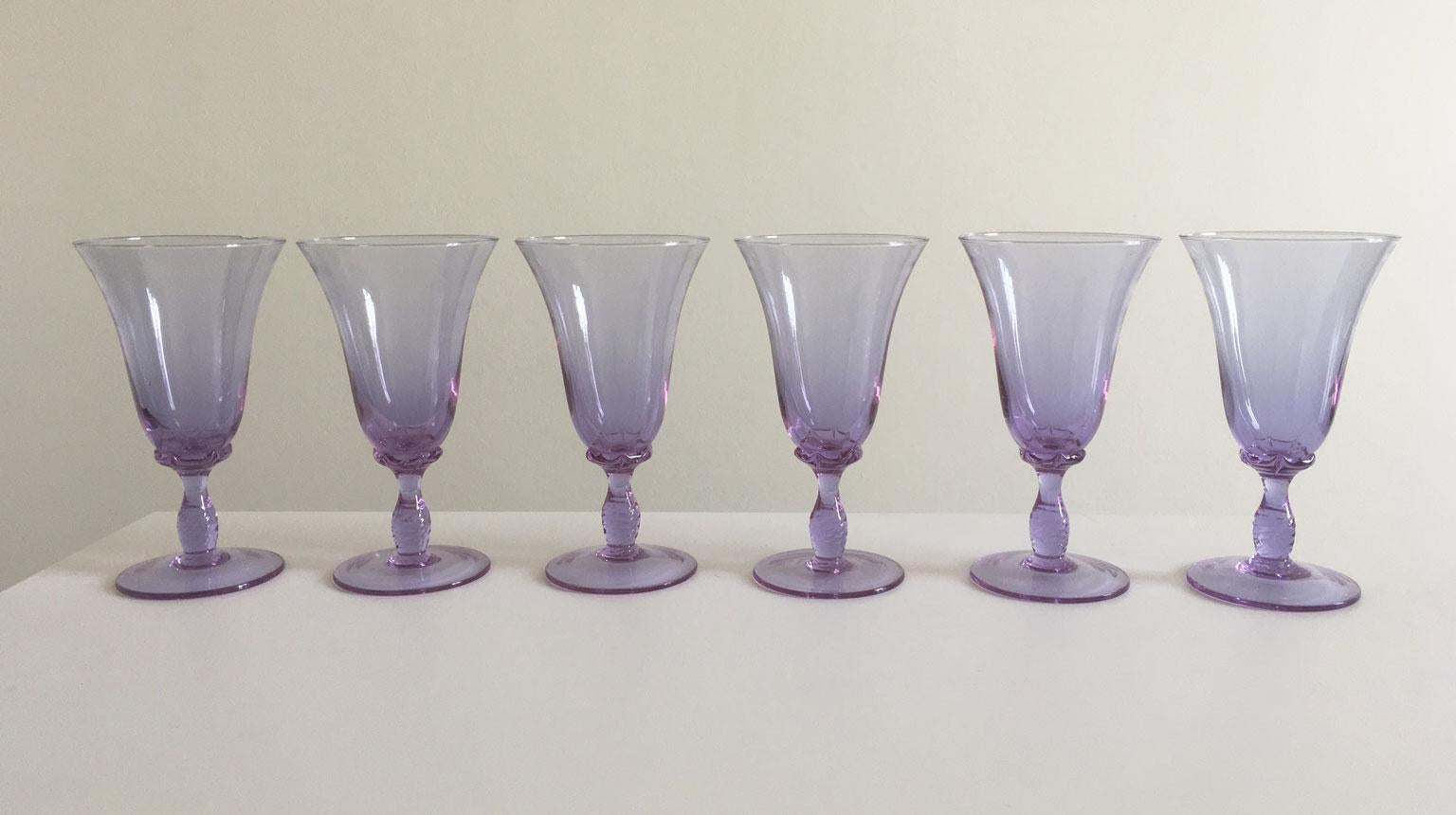 Italia Venezia Mediados de Siglo Juego de 6 Vasos de Cristal Soplado de Murano Morado en venta 12
