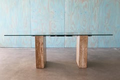 Post Modern 1970s Gray Travertine Chrome and Glass Dining Table or Desk Artedi