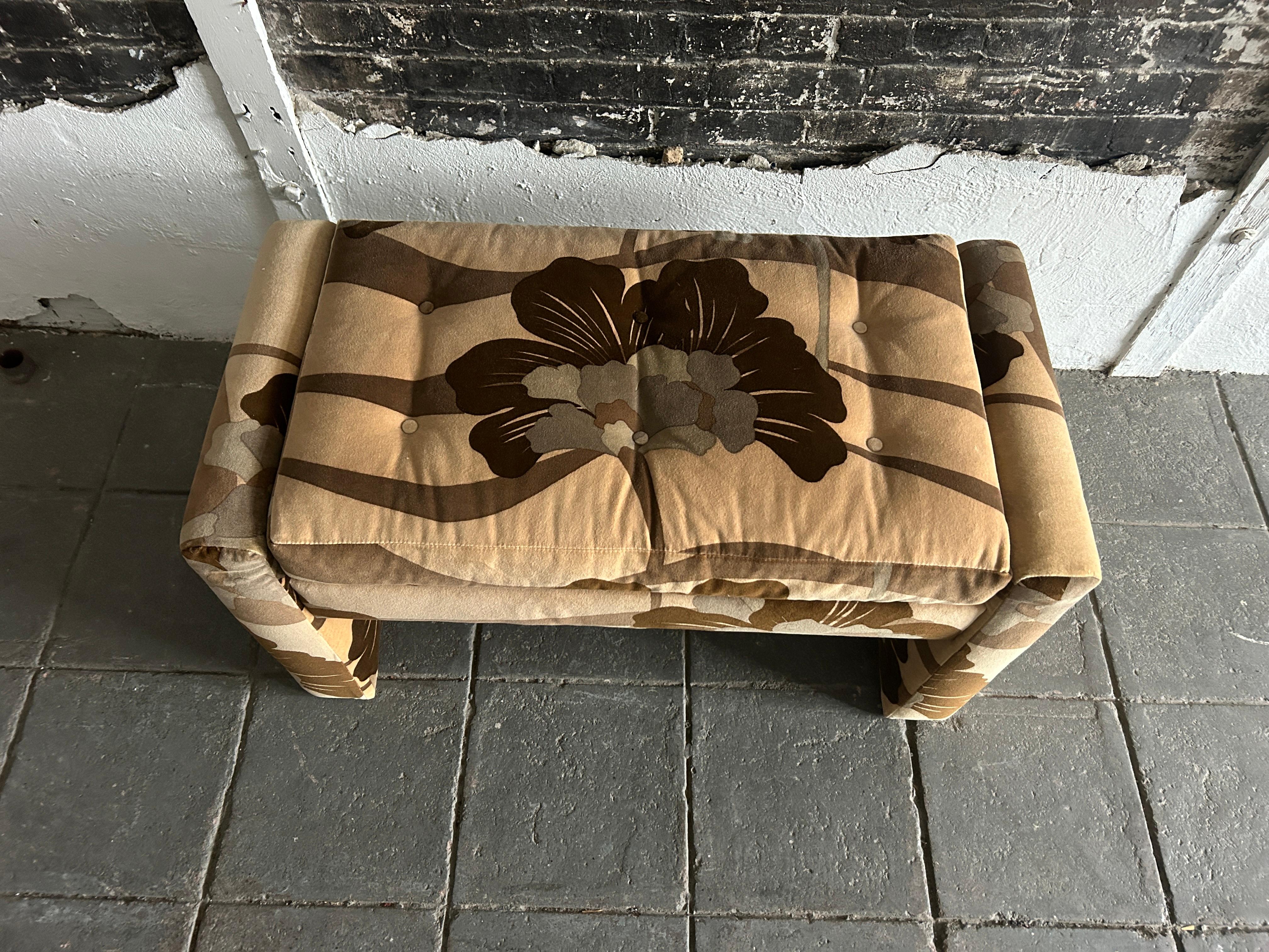 Post-Modern Post Modern 1970s Tan Brown Floral Parsons Bench Milo Baughman Style For Sale