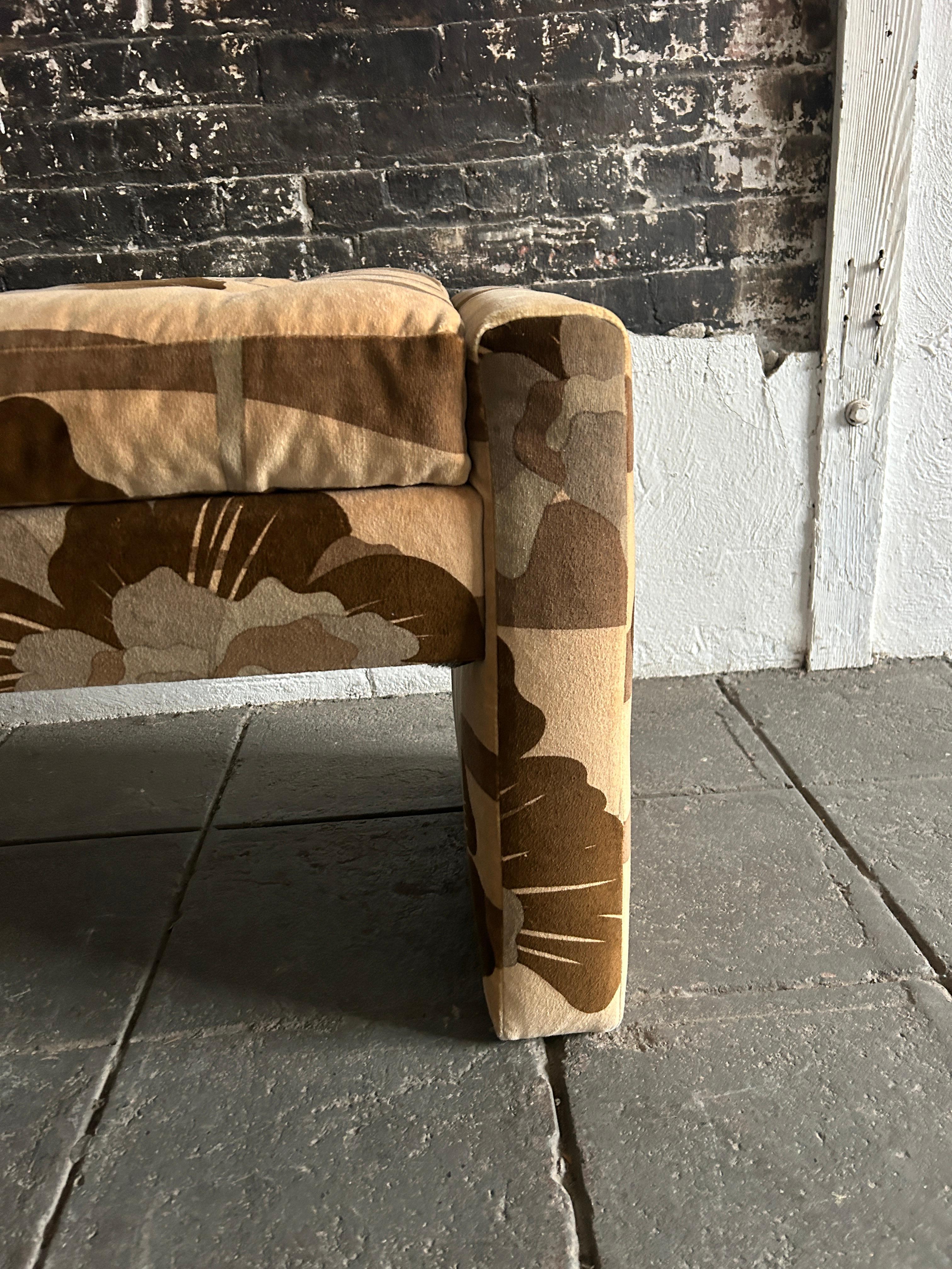 Late 20th Century Post Modern 1970s Tan Brown Floral Parsons Bench Milo Baughman Style For Sale