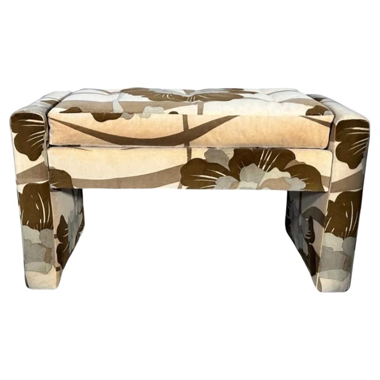 Post Modern 1970s Tan Brown Floral Parsons Bench Milo Baughman Style For Sale