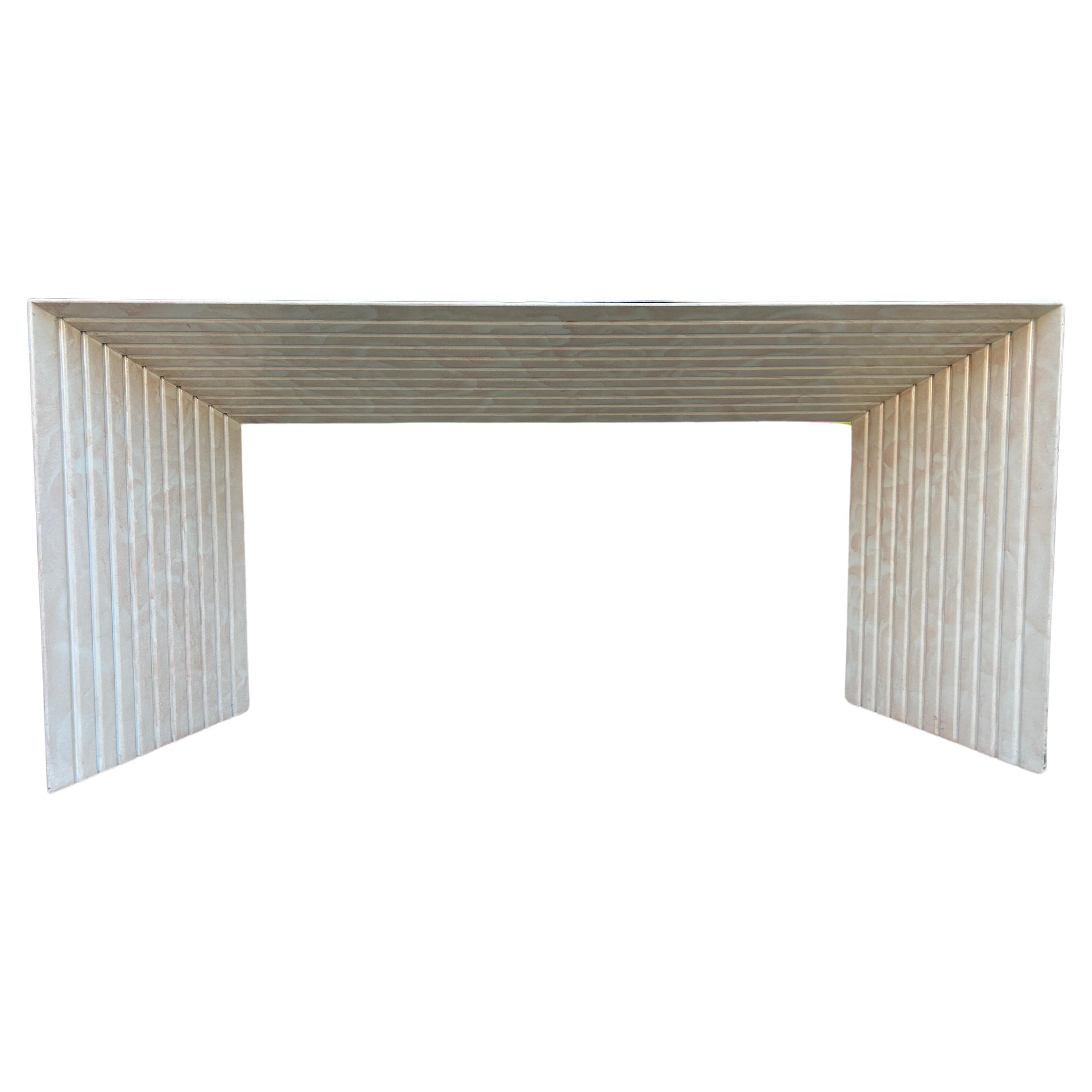 Mid-Century Post Modern artistic forced perspective design softly painted light pink and off white splatters with narrow console table. Would make a great entry way hallway or sofa table. Beautiful in person very bold. Great Design - Style of Karl