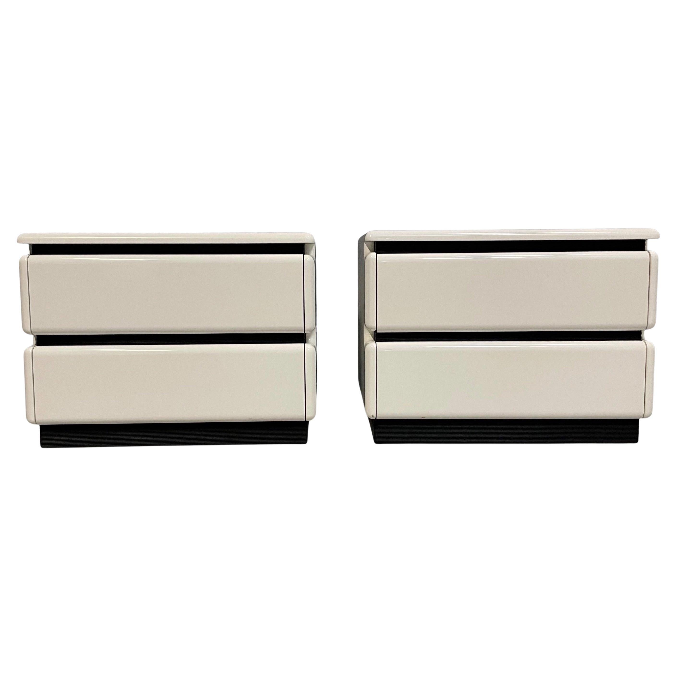 Post-Modern 1980s Lacquered White Nightstands W/Rubber Accents by Roger Rougier