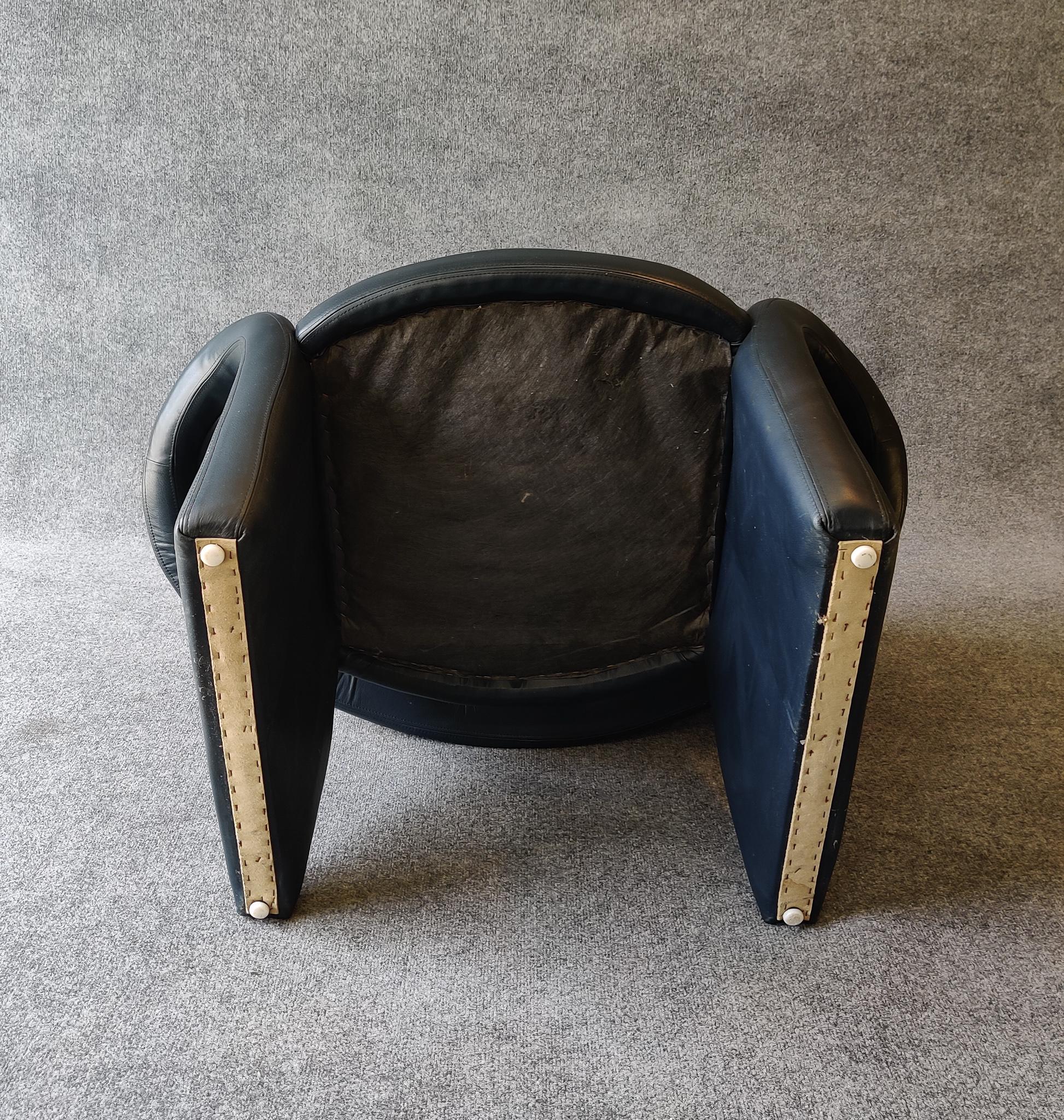 Post-Modern 1980s, Sculptural Dark Blue Leather Lounge Chair Pierre Paulin Style For Sale 3