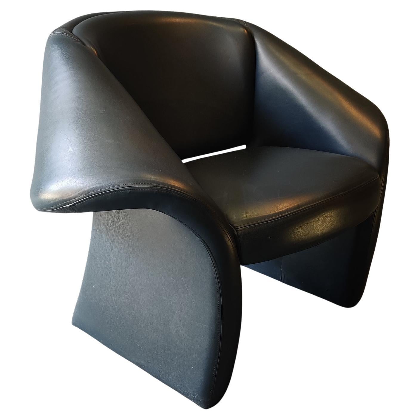 Post-Modern 1980s, Sculptural Dark Blue Leather Lounge Chair Pierre Paulin Style For Sale