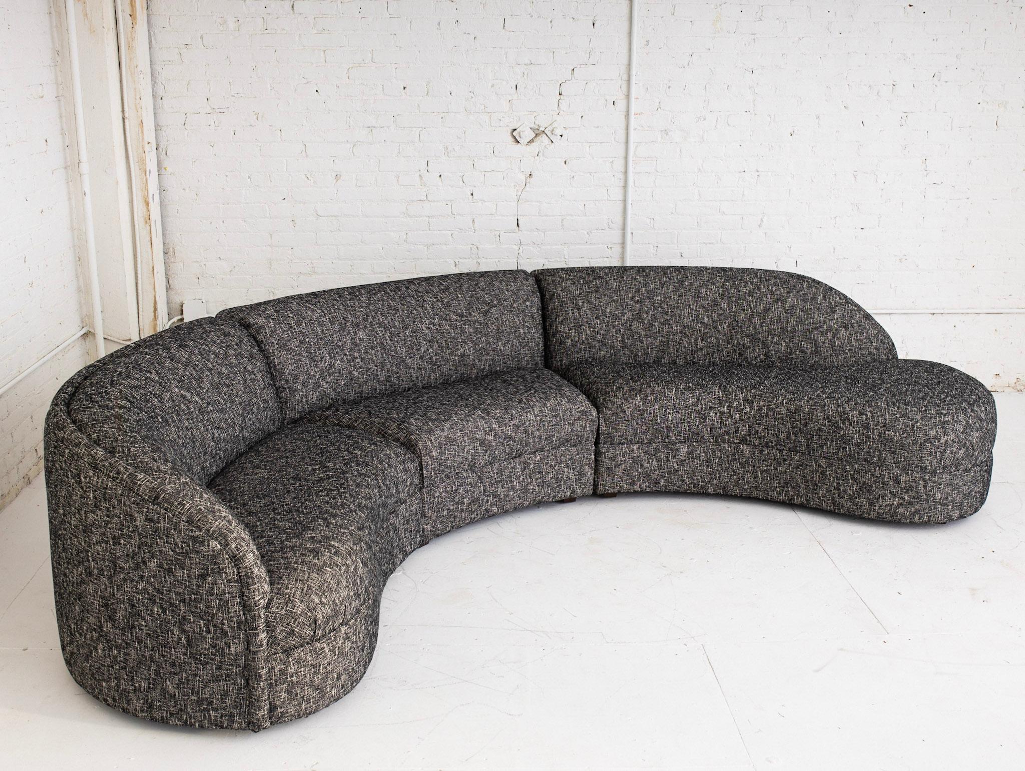 3 piece kidney shaped sectional attributed to Maurice Villency(1901 - 1987). Black and white textured tweed fabric. Depth of sofa measures 30.”
Villency was born in Glasgow, Scotland and immigrated to New York in his late teens, where he brought