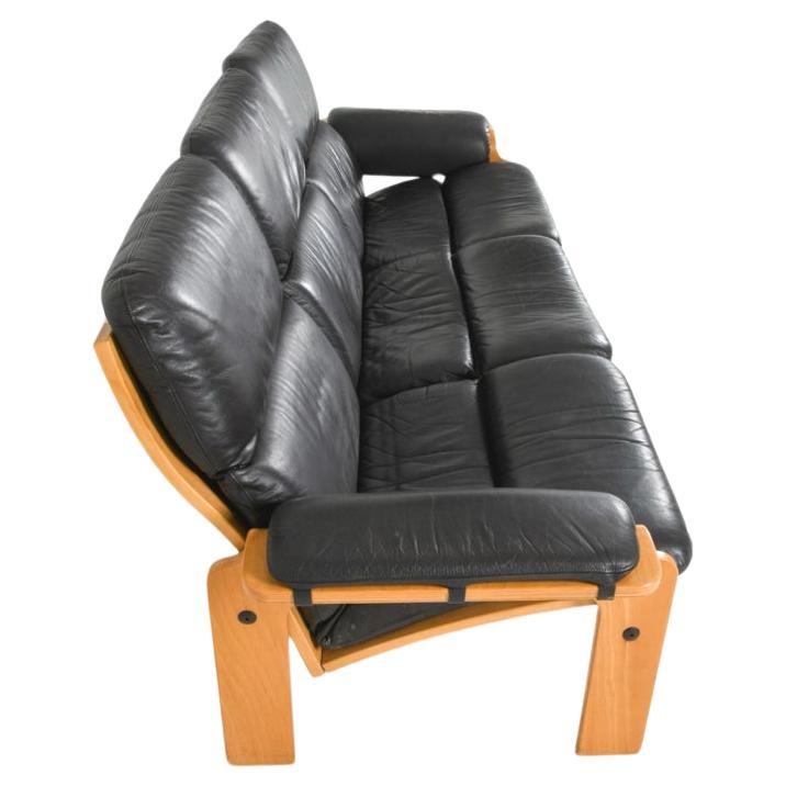 Post modern 3 seat sofa black bentwood Beech thin frame made in Germany. Beautiful sofa with bentwood blonde frame and black leather cushions 3 seat sofa. Minimalistic design with thin frame. Very clean all around ready for use at home or office.