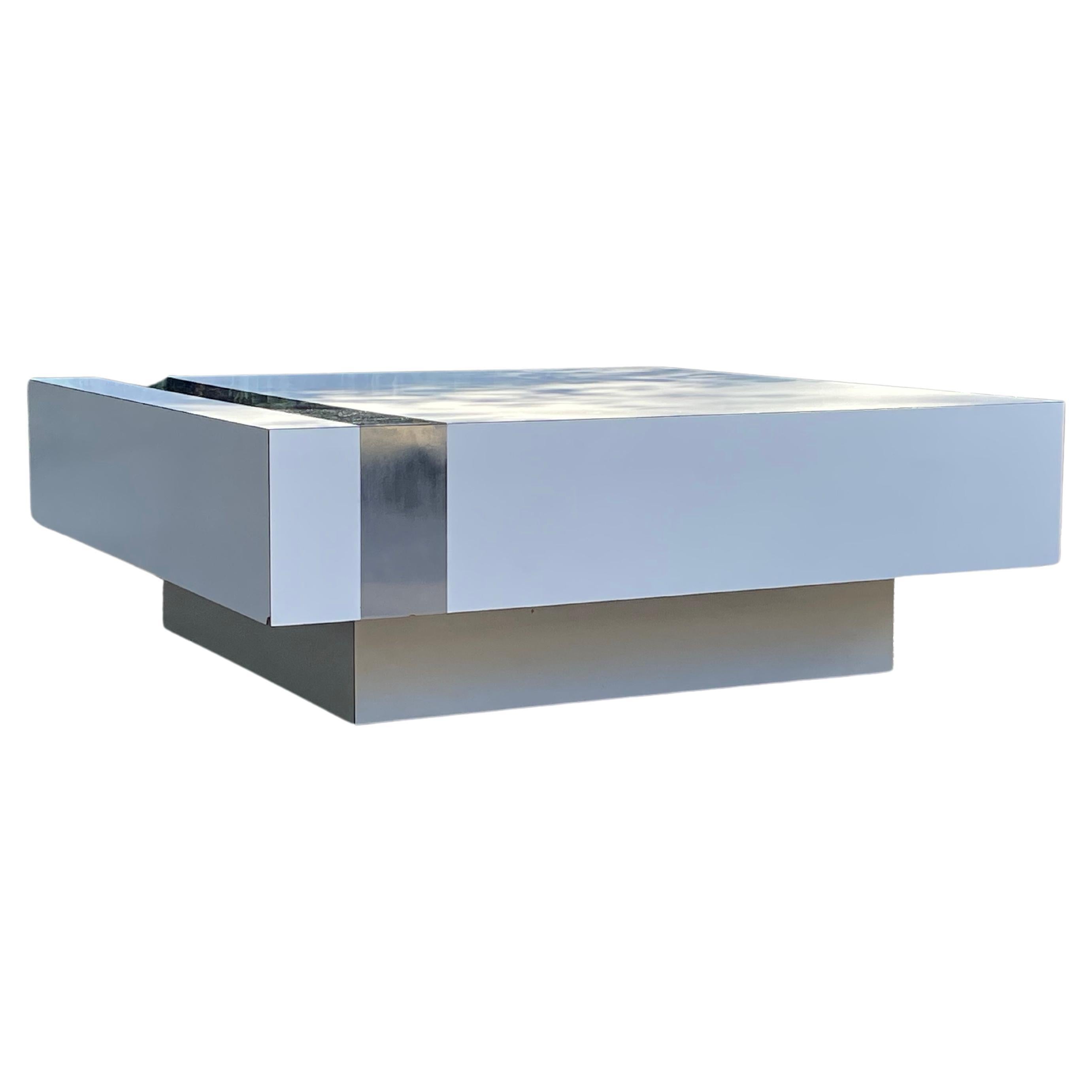 Post Modern 70s Willy Rizzo Style Coffee Table with Chrome Stripe In Good Condition For Sale In Los Angeles, CA