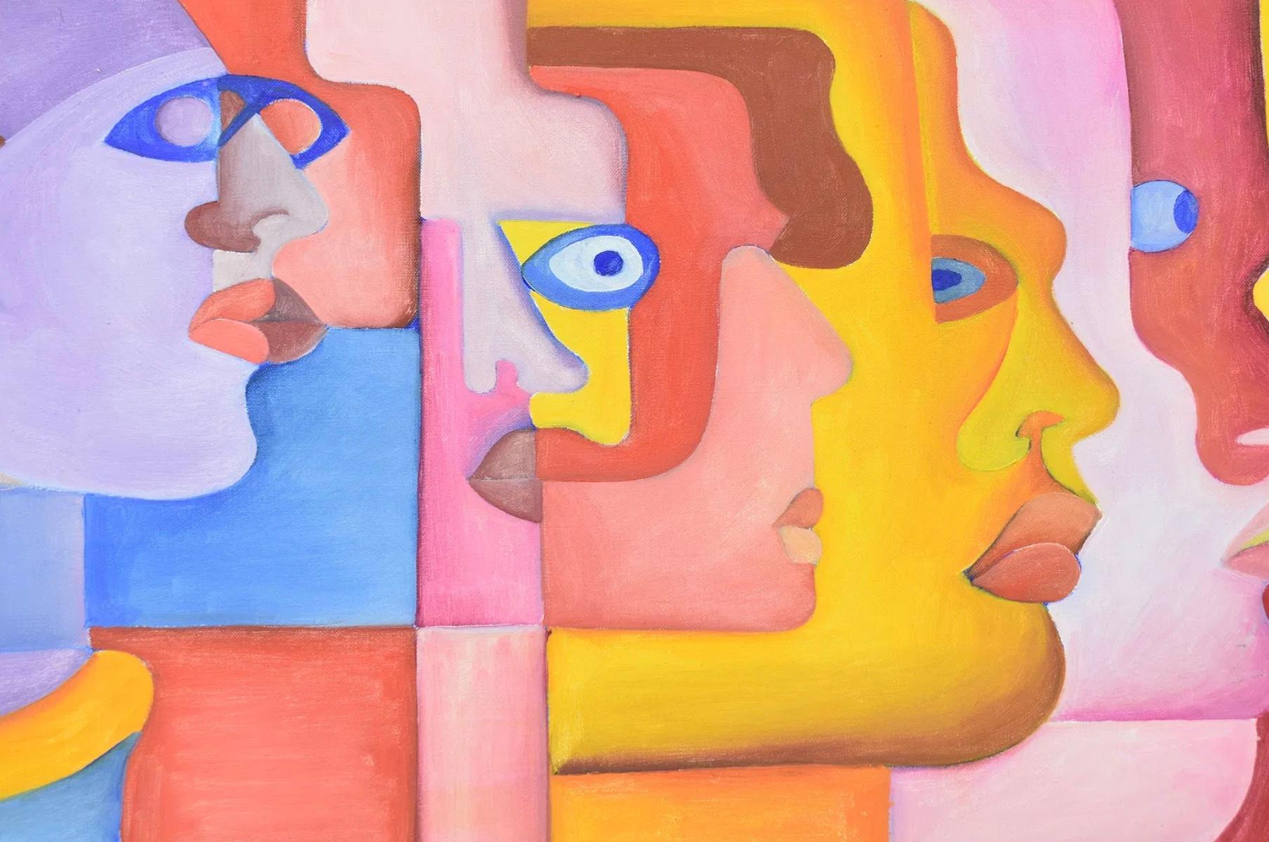 Mid Century Post Modern Abstraktes Gemälde Gerahmtes Kunstwerk Öl auf Leinwand 7 Gesichter, die alle nach rechts gerichtet sind Layered. Leuchtende Farben mit 7 verschiedenen Gesichtern. Sehr vorzeigbare Malerei. Ölfarbe auf Leinwand mit