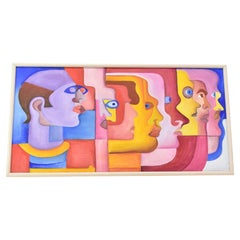Pintura Cubista Abstracta Post Moderna enmarcada Obra de arte óleo sobre lienzo 7 Caras