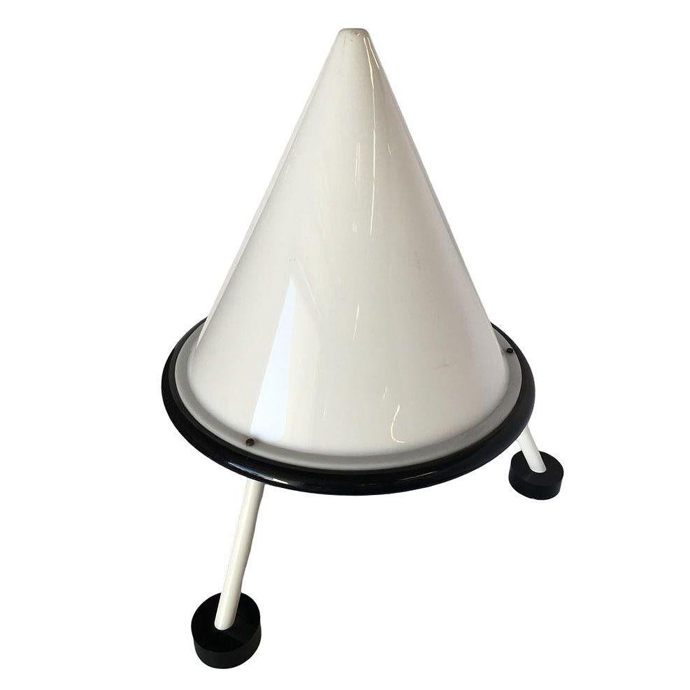 Bespoke custom handmade Post-Modern acrylic geometric table lamp. The lamp features a unique white translucent cone-shaped shade on 3 tripod legs. The lamp takes a single standard US light bulb and comes with a standard US 110V outlet.

Sale for 1