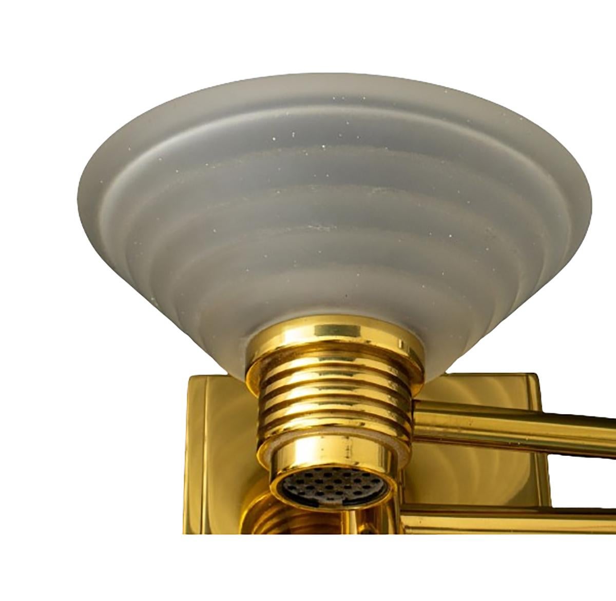 pair of American Post-Modern adjustable gilt metal sconces with frosted glass shades by CSL Lighting. Here are the details:

Style: Post-Modern
Material: Gilt metal
Features:
Adjustable design
Frosted glass shades
Manufacturer: CSL