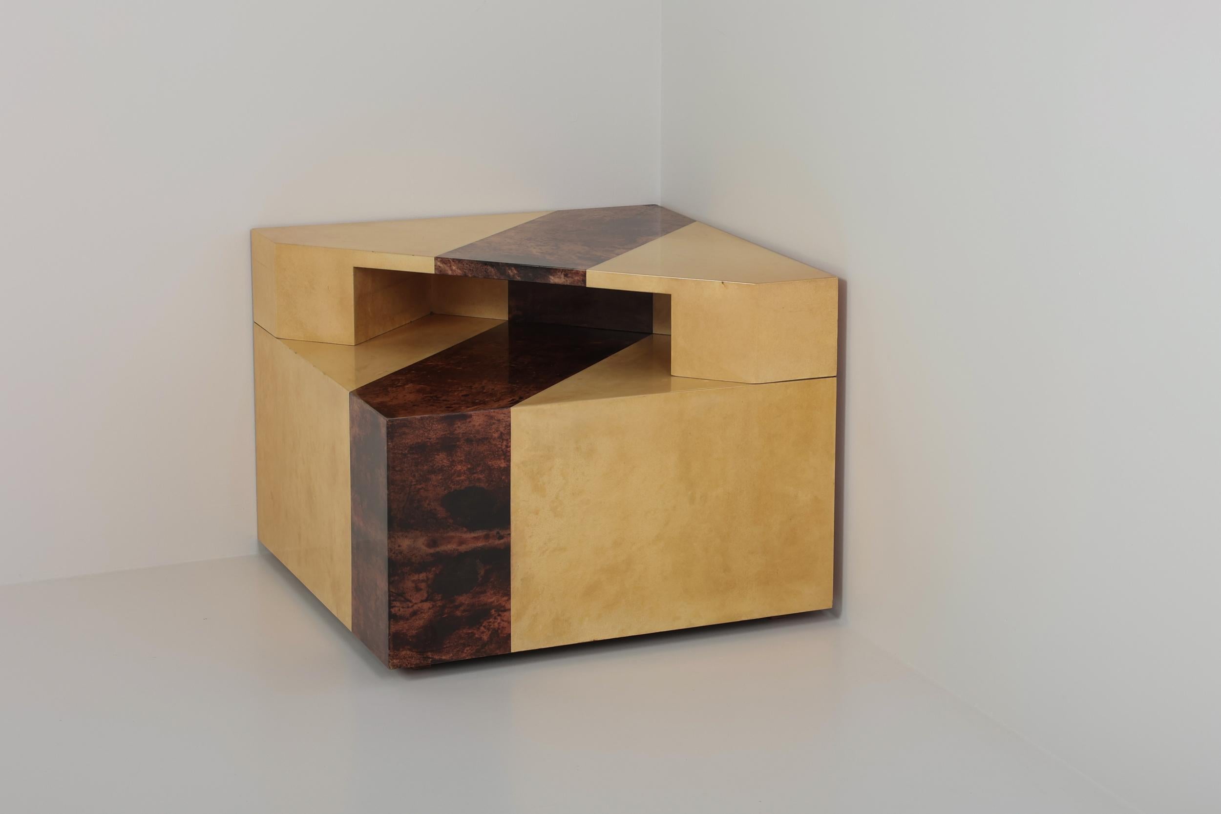 Wood Post-modern Aldo Tura Console Corner Side Table, Italy, 1970s For Sale