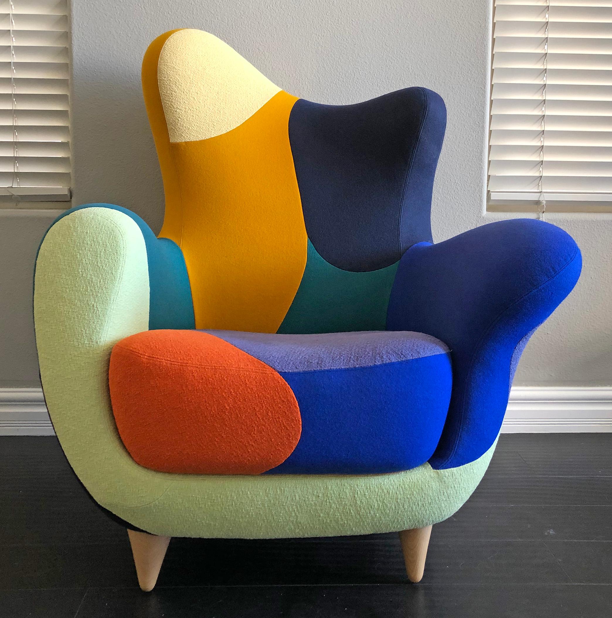 A gorgeous new arrival, this Alessandra armchair / wingback lounge designed by Javier Mariscal for Moroso is an armchair that is part of the collection Los Muebles Amorosos.

With a very Memphis Milano and whimsical feel, this Postmodern lounge