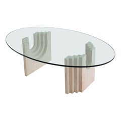Post Modern Architectural Travertine Coffee Table With Glass Top