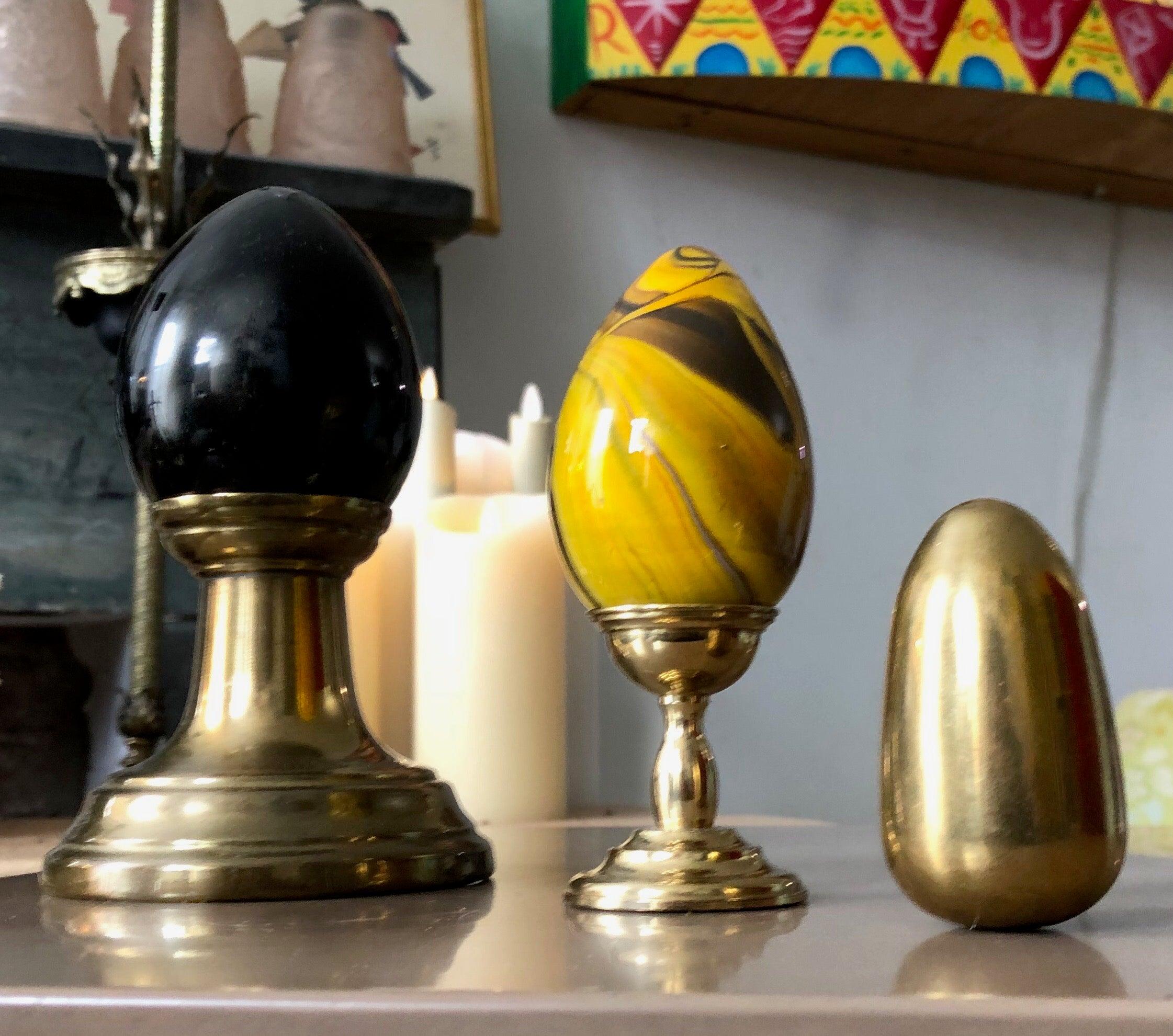 Italian Postmodern Art Glass and Brass Egg & Holster Set, Memphis Inspired
