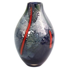 Postmodern Art Studio Glass Vase in Blue with Silver Flecks and Red Strips