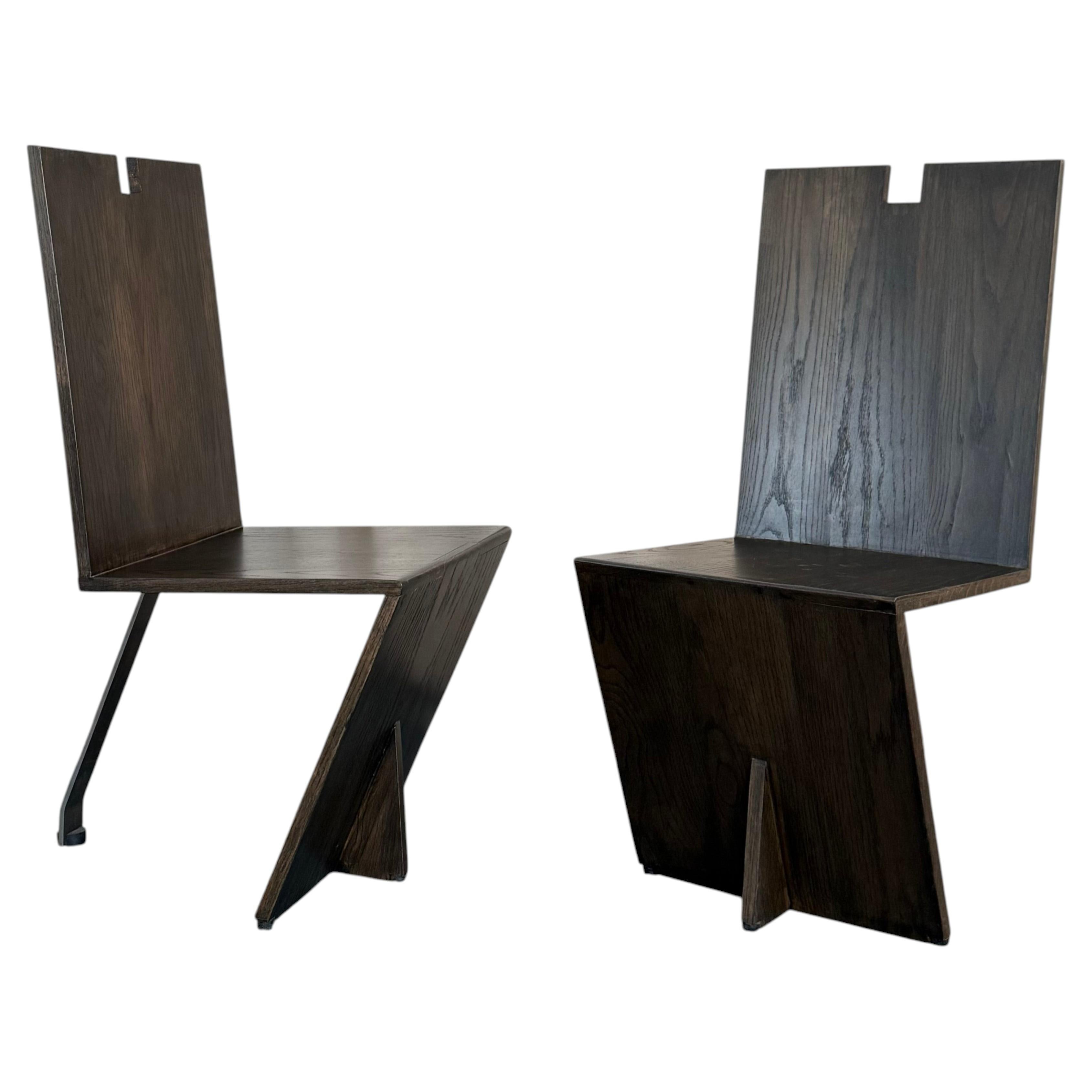 Post Modern Artisan Made Angular Ebonized Oak And Steel Chairs For Sale