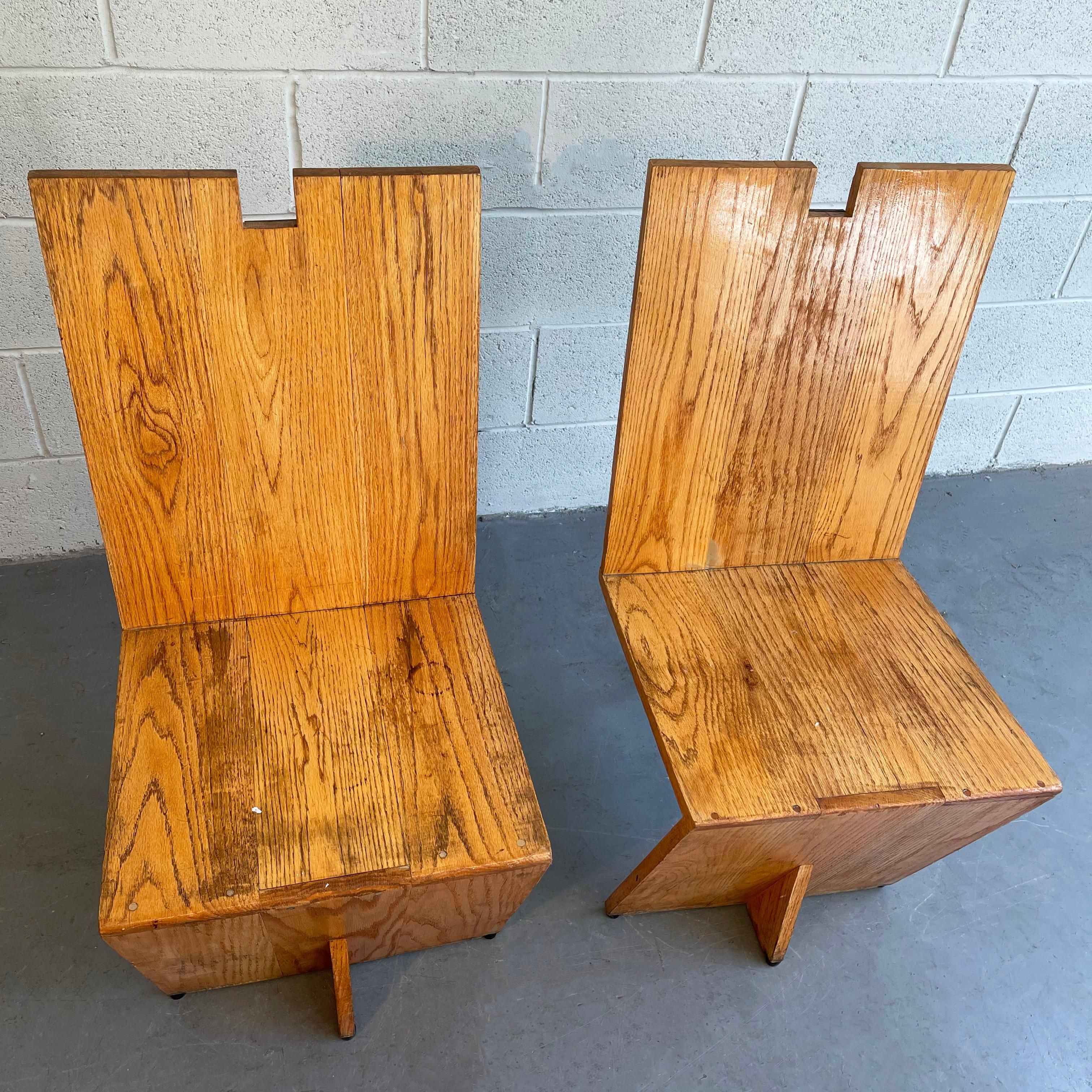 Post Modern Artisan Made Angular Oak and Steel Chairs In Good Condition For Sale In Brooklyn, NY