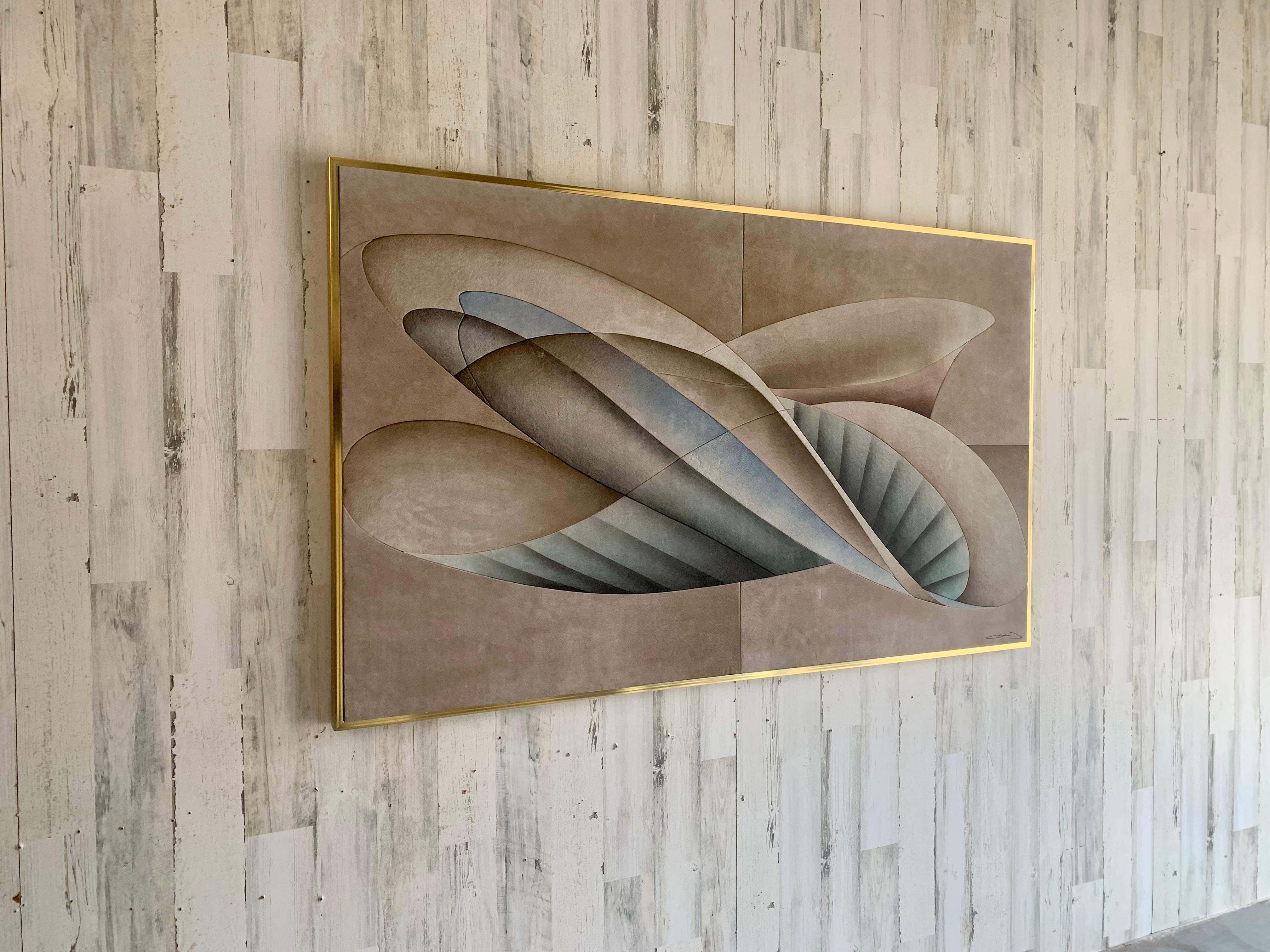 Assemblage of sheets of felt painted and mounted on board with a brushed brass frame.
Very flowing design depicting a 