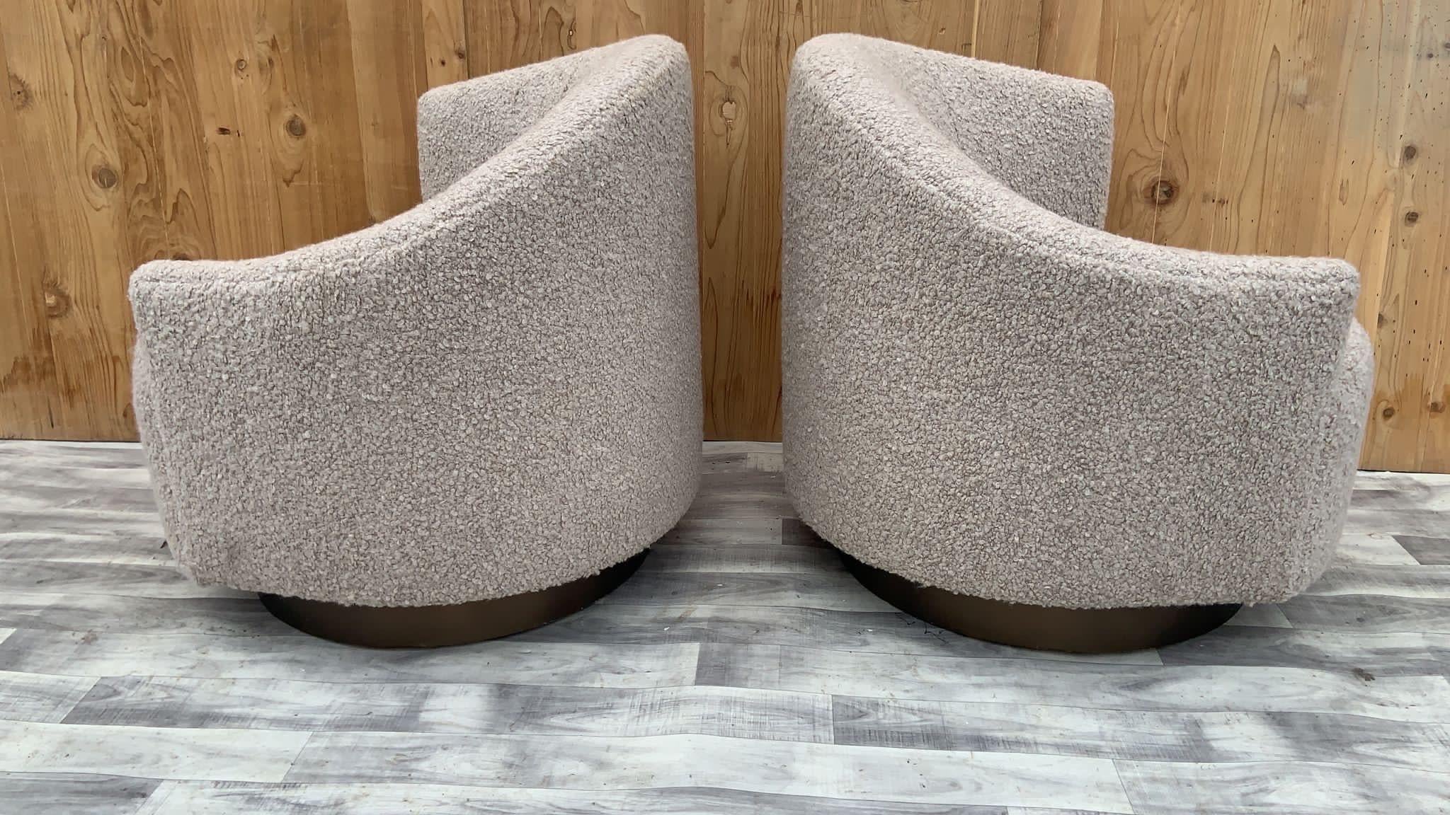 Hand-Crafted Post Modern Asymmetrical Barrel Back Swivel Chairs Newly Reupholstered, Pair